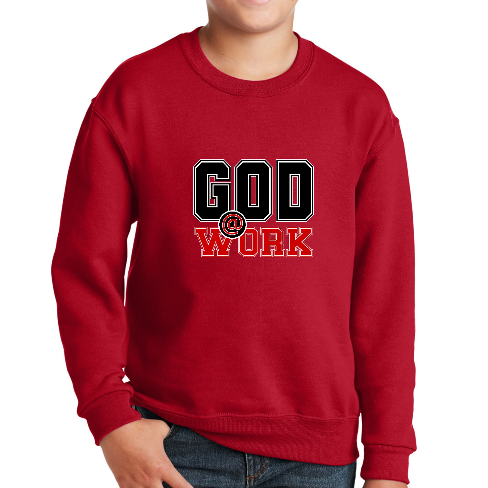 Youth Graphic Sweatshirt, God @ Work Black and Red Print-1