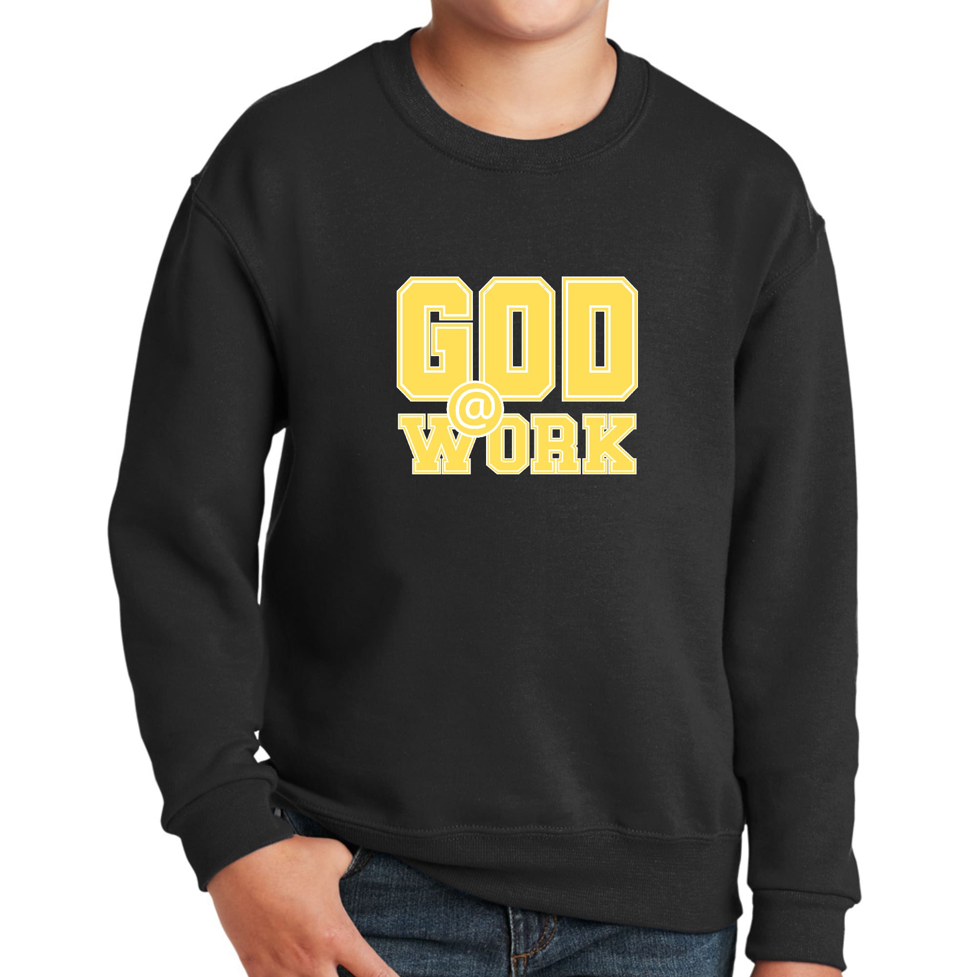 Youth Graphic Sweatshirt, God @ Work Yellow and White Print-0