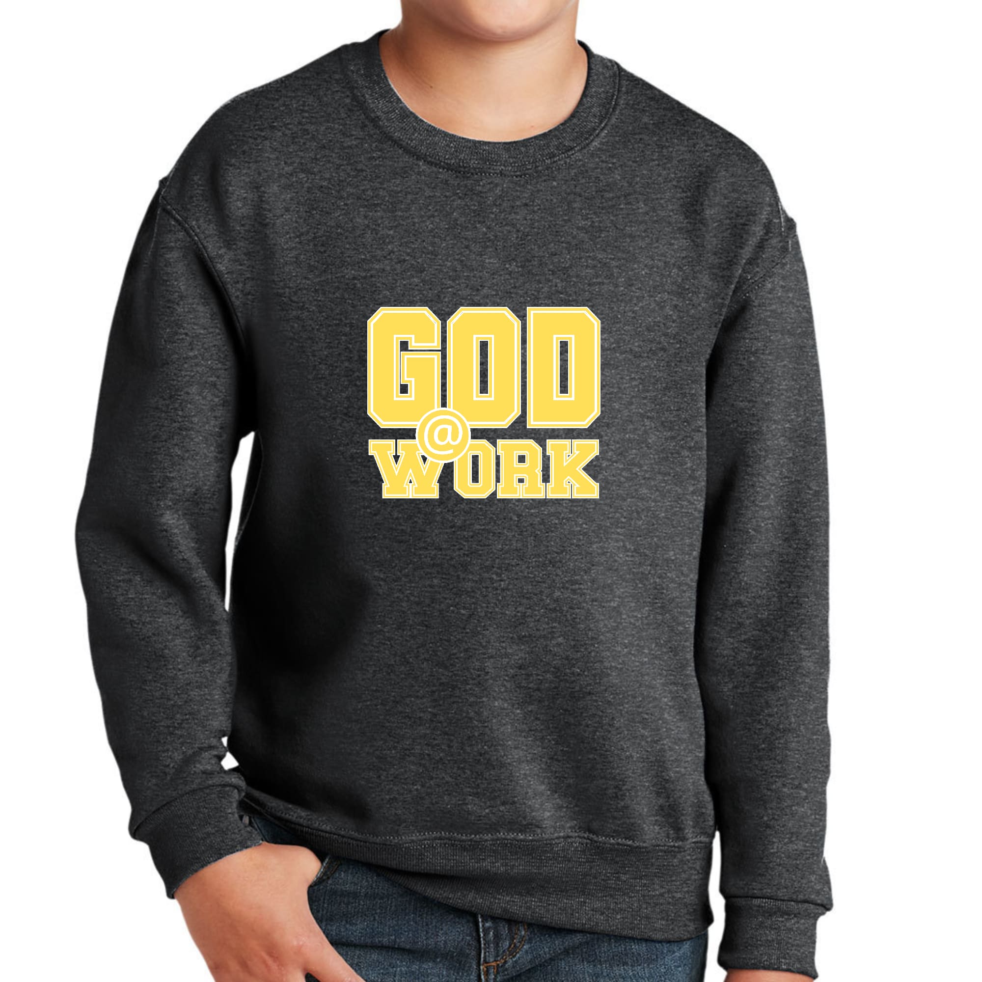 Youth Graphic Sweatshirt, God @ Work Yellow and White Print-6