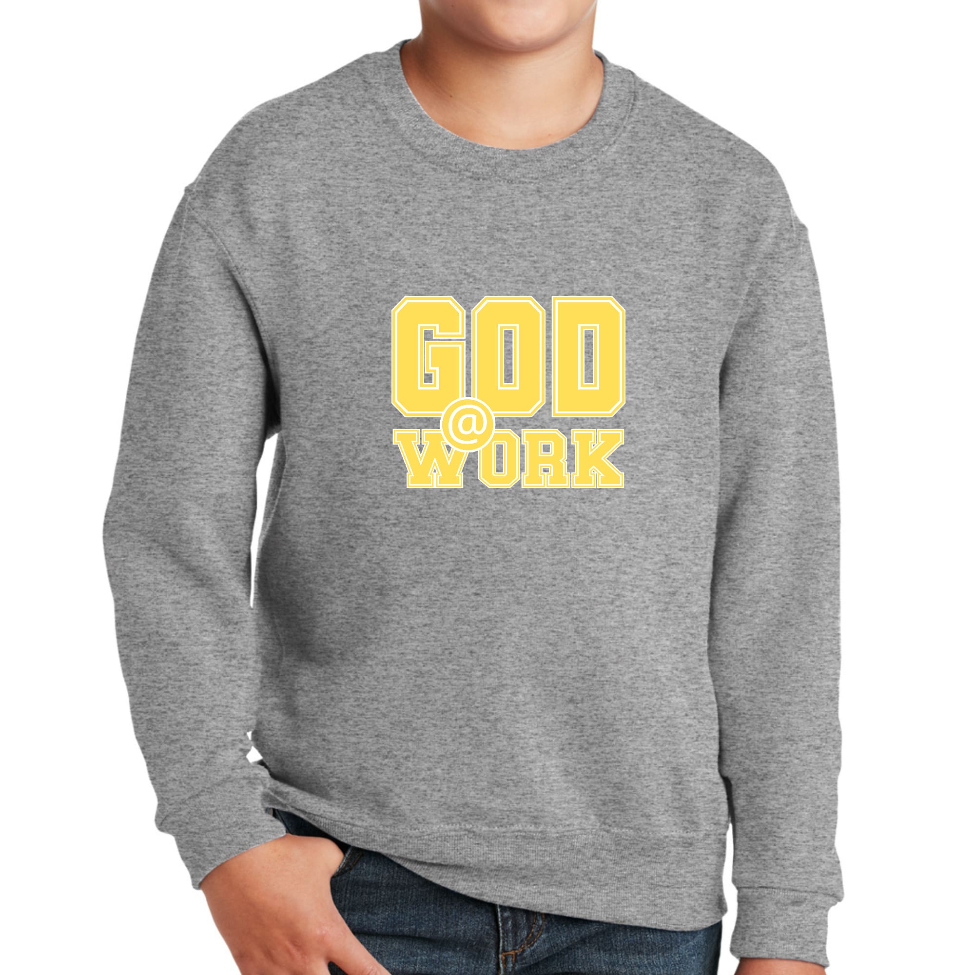 Youth Graphic Sweatshirt, God @ Work Yellow and White Print-4