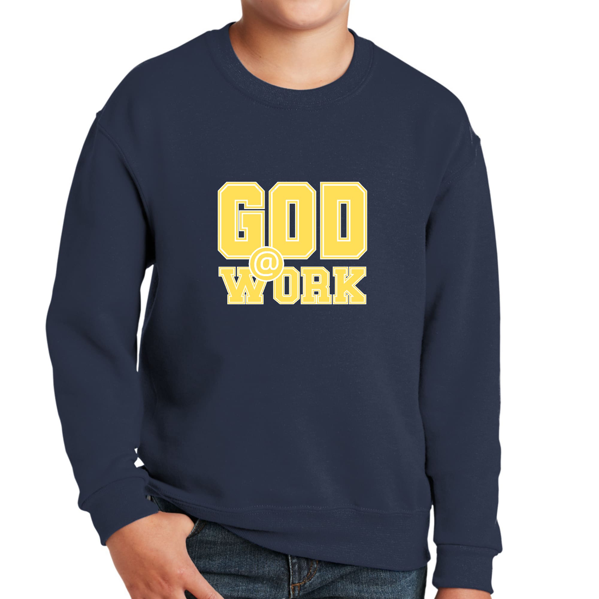 Youth Graphic Sweatshirt, God @ Work Yellow and White Print-3