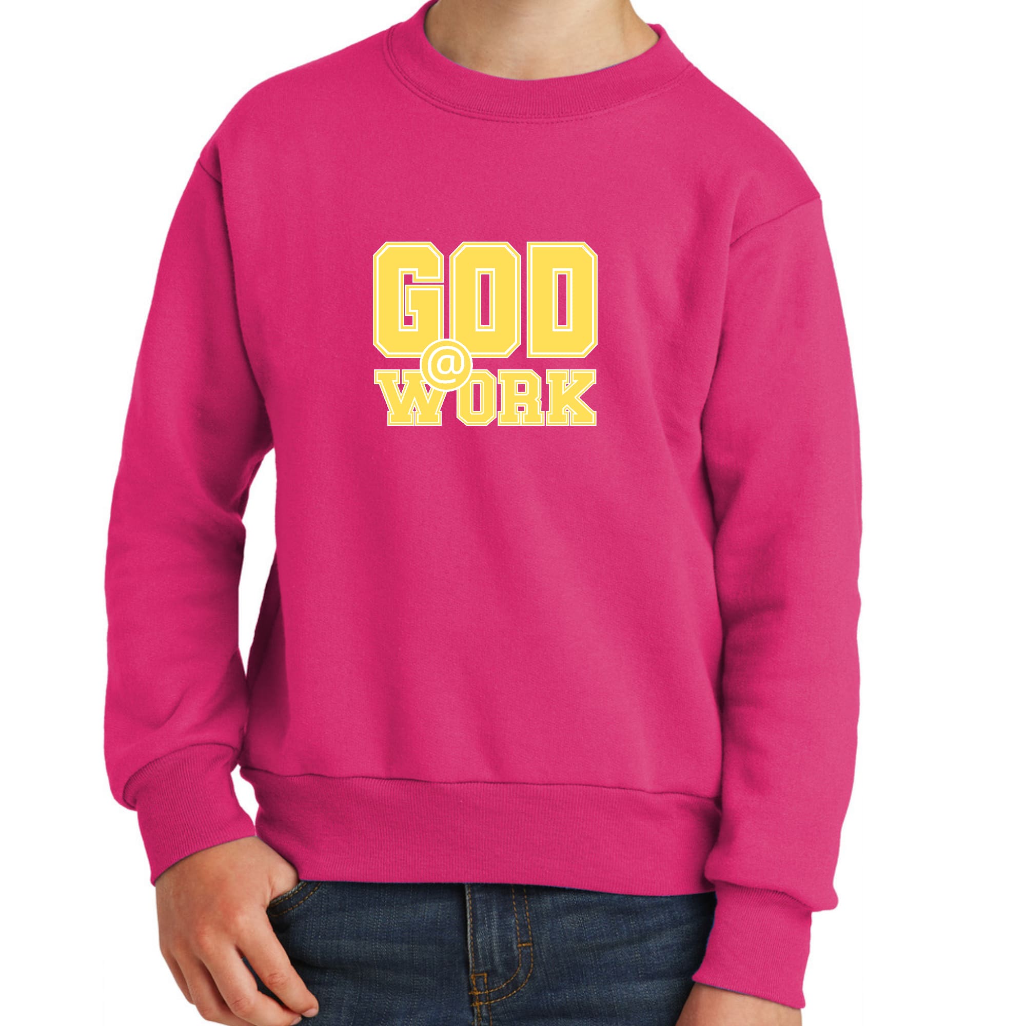 Youth Graphic Sweatshirt, God @ Work Yellow and White Print-7