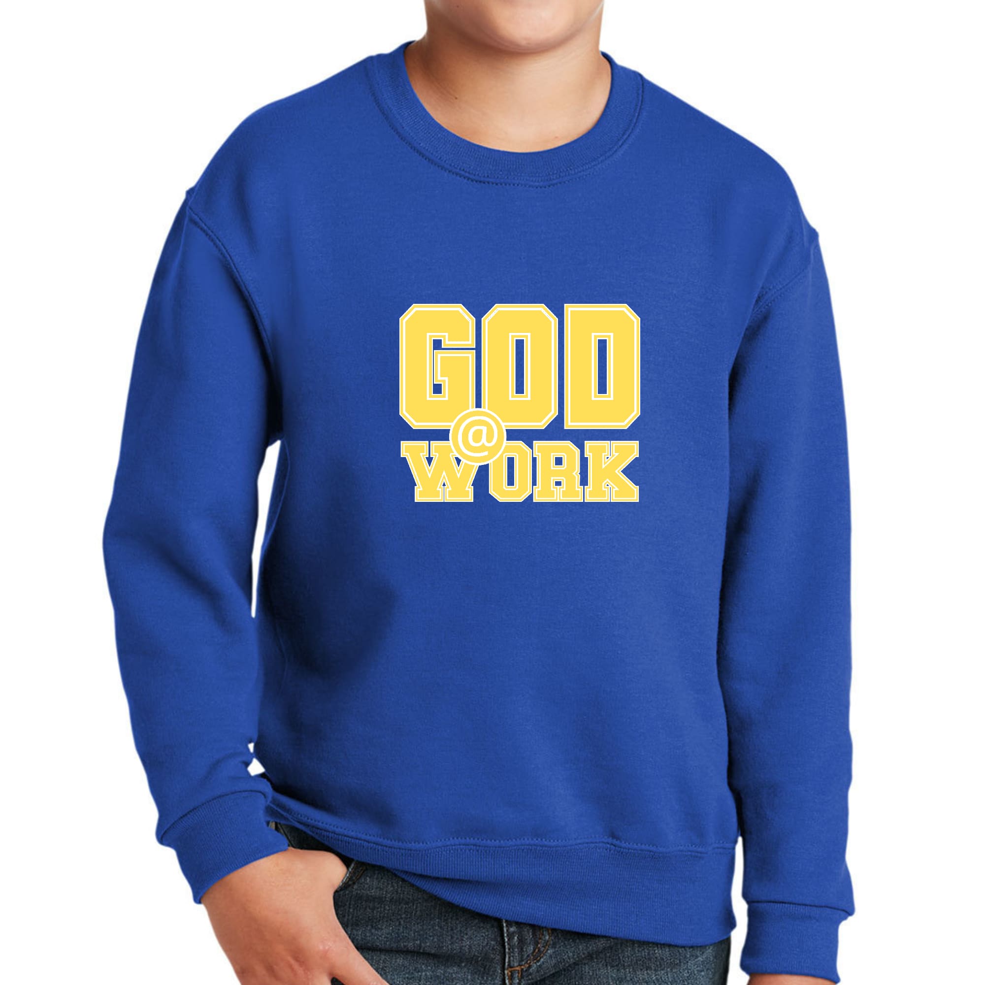 Youth Graphic Sweatshirt, God @ Work Yellow and White Print-2