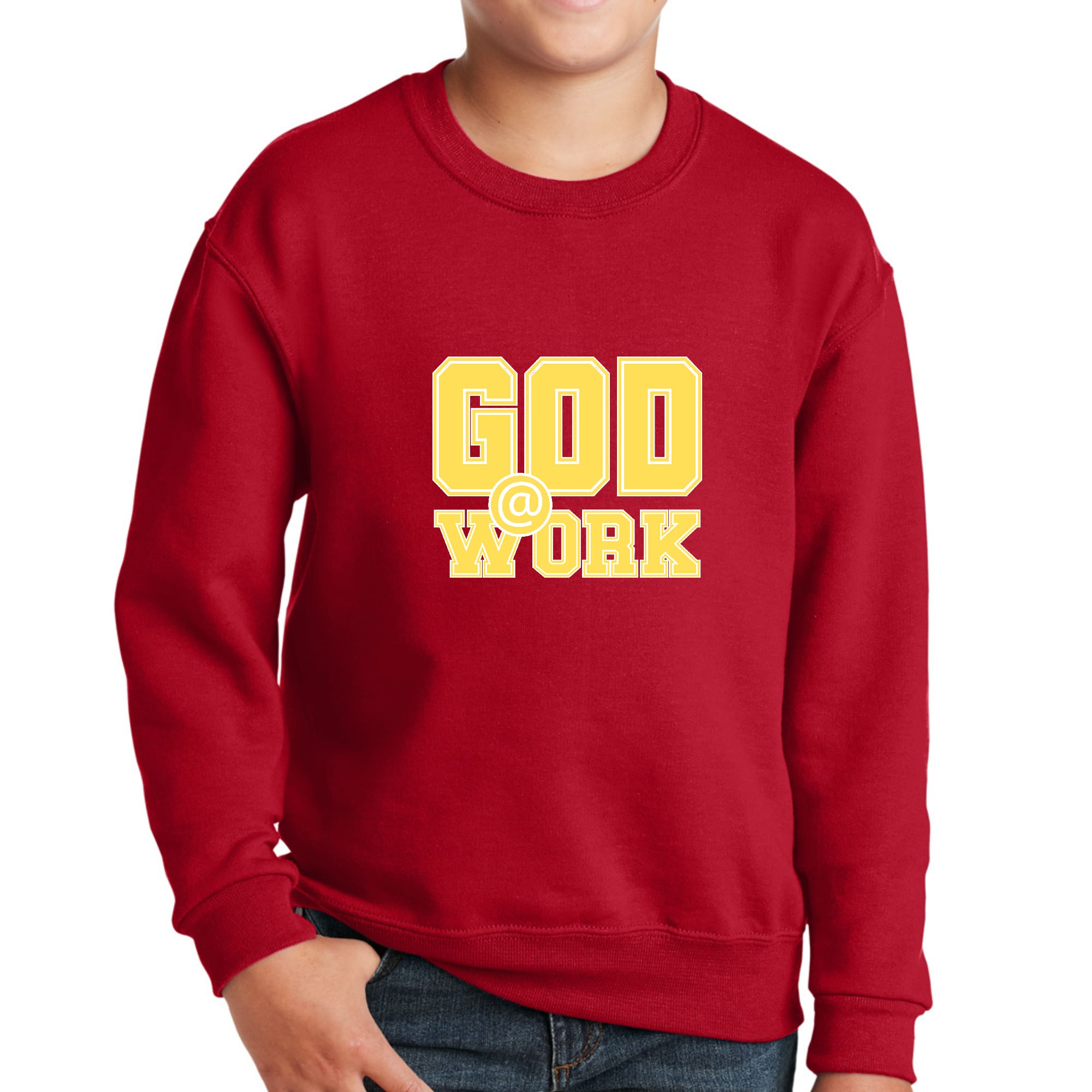 Youth Graphic Sweatshirt, God @ Work Yellow and White Print-1