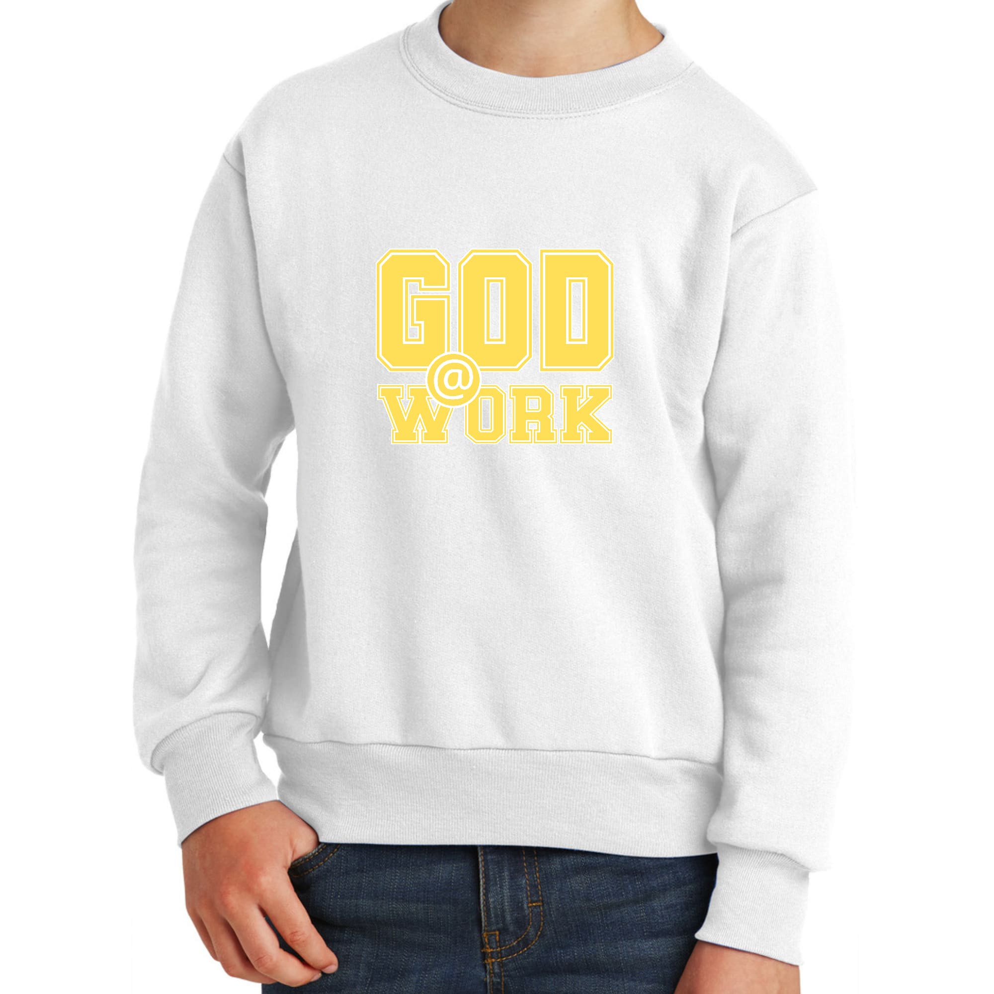 Youth Graphic Sweatshirt, God @ Work Yellow and White Print-5