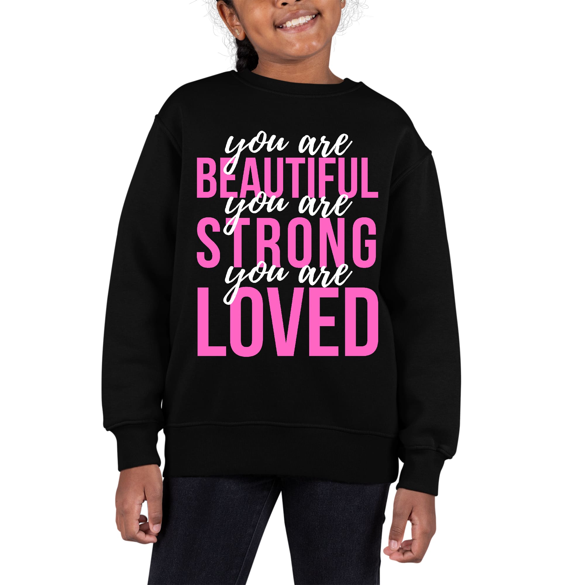 Youth Graphic Sweatshirt You Are Beautiful Strong Loved Inspiration-0