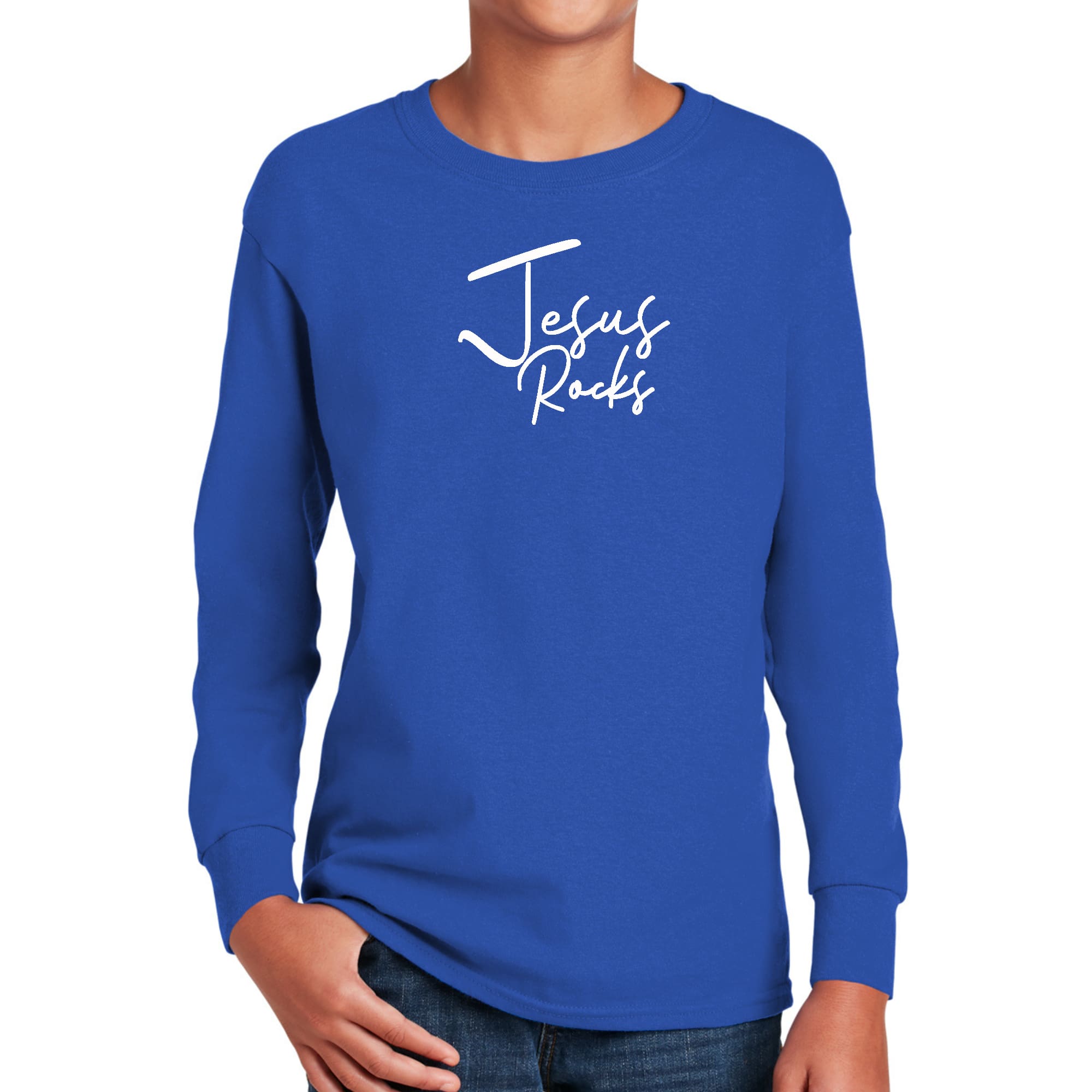 Youth Long Sleeve Graphic T-shirt, Jesus Rocks Print-3