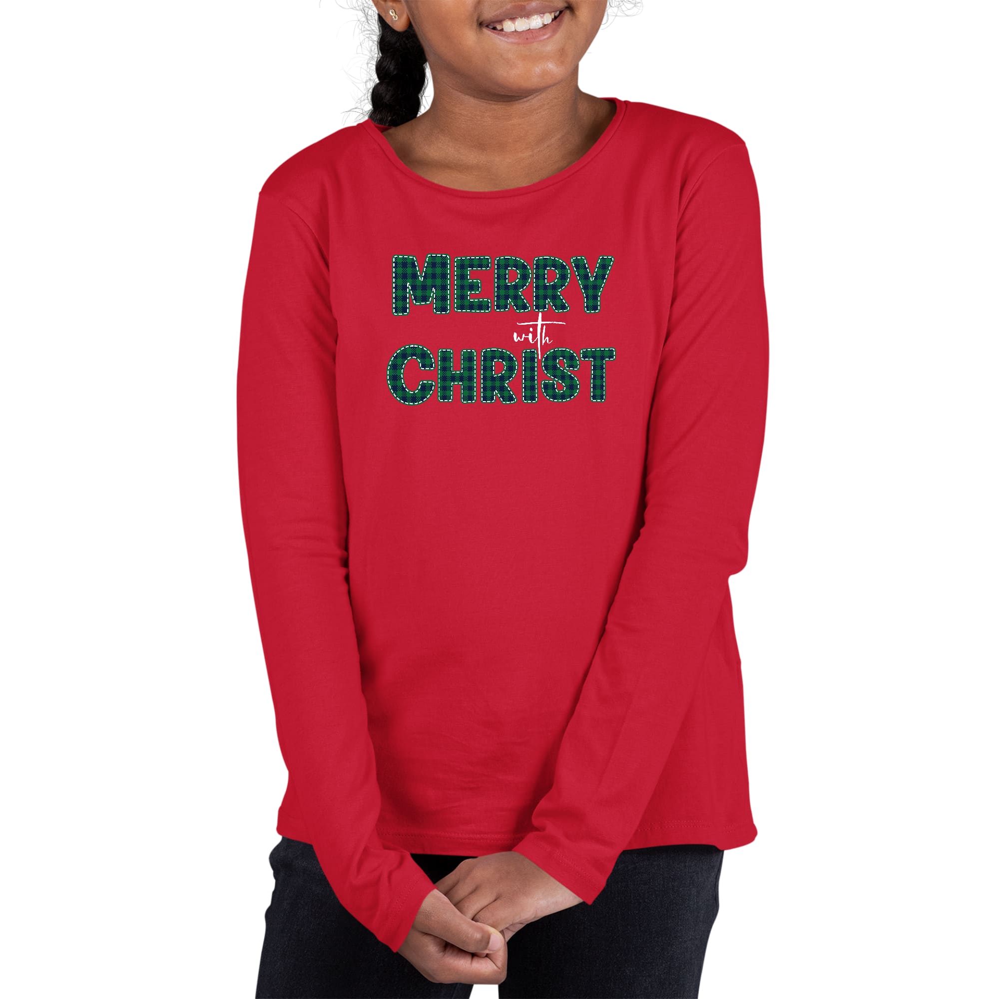 Youth Long Sleeve Graphic T-shirt, Merry with Christ, Green Plaid-2