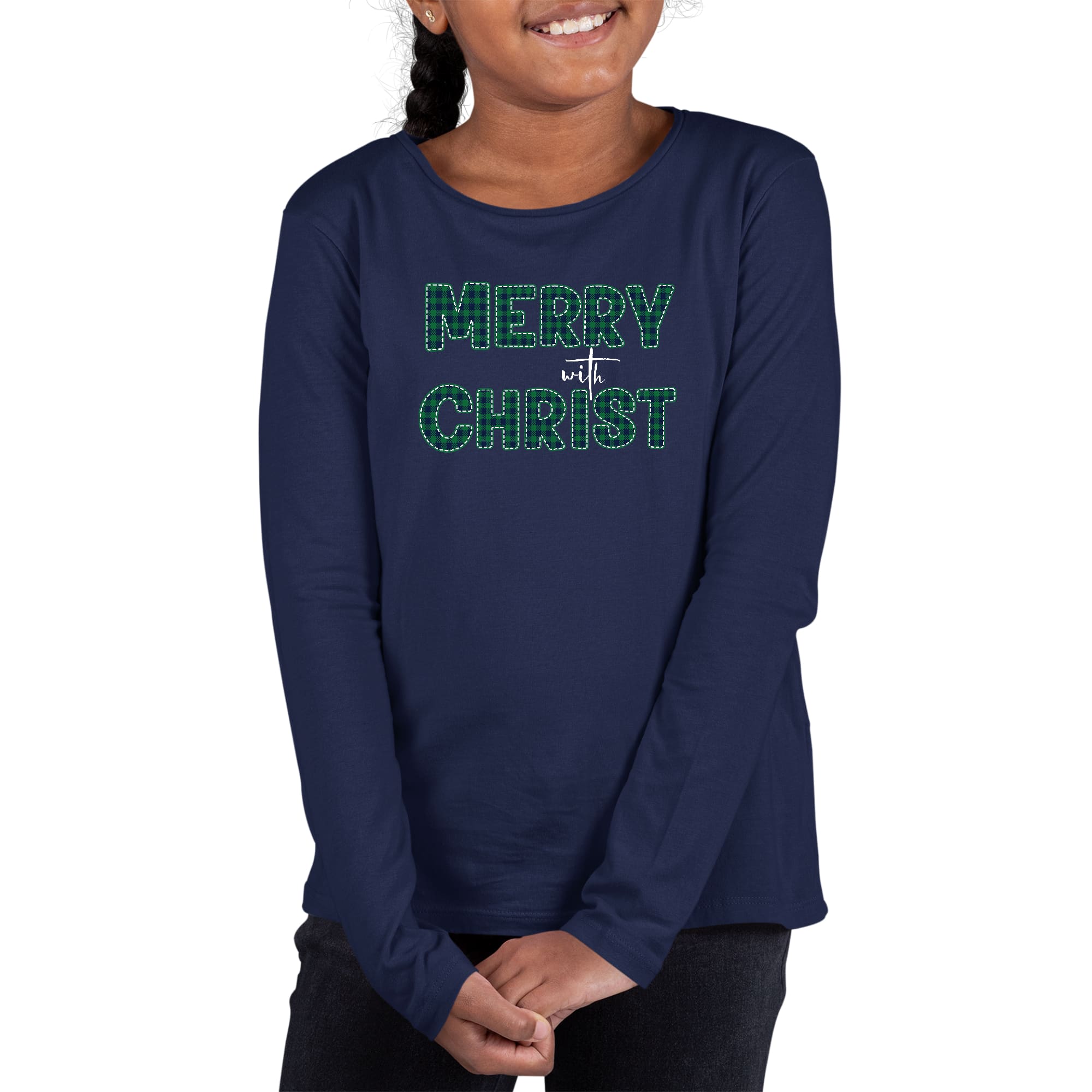 Youth Long Sleeve Graphic T-shirt, Merry with Christ, Green Plaid-1