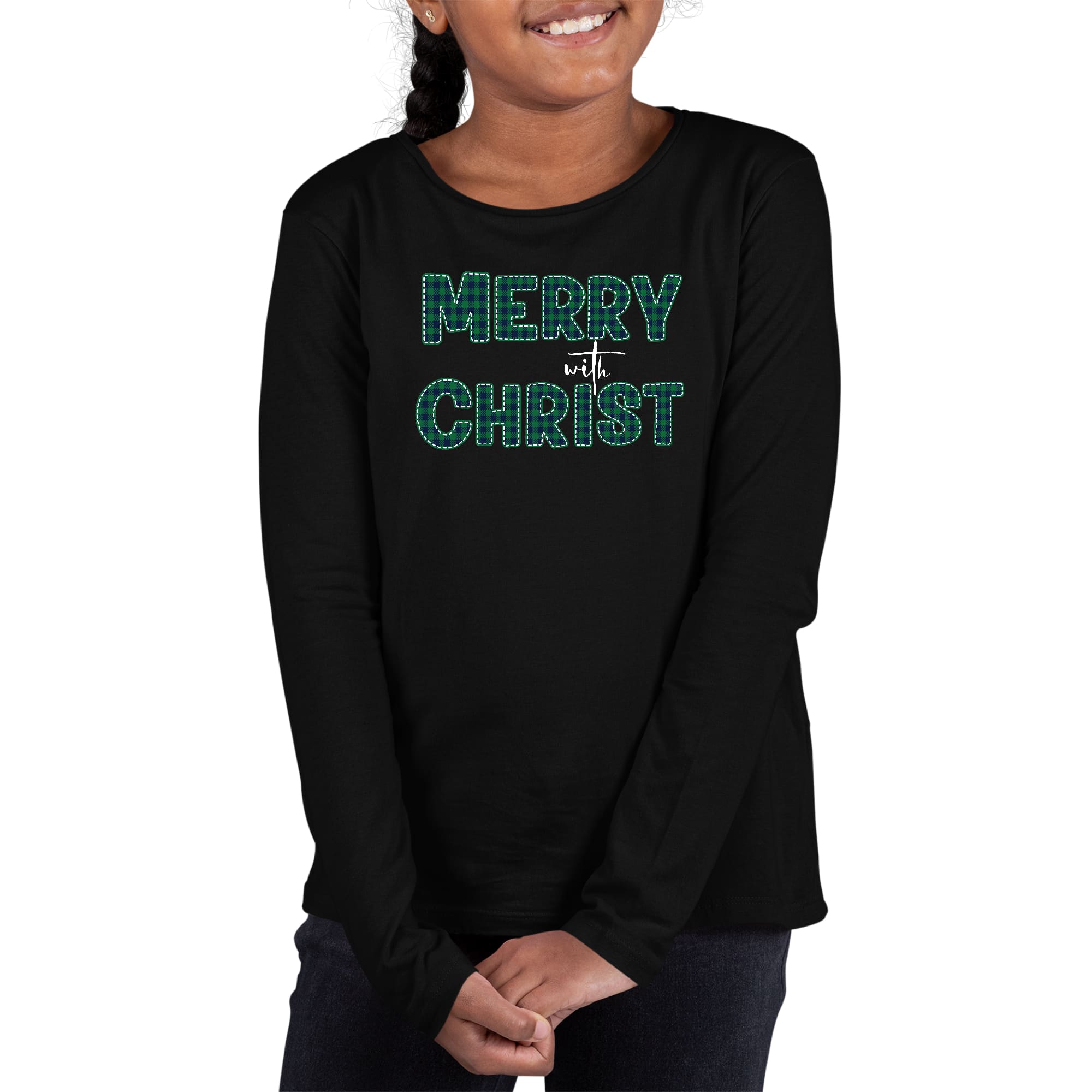 Youth Long Sleeve Graphic T-shirt, Merry with Christ, Green Plaid-0