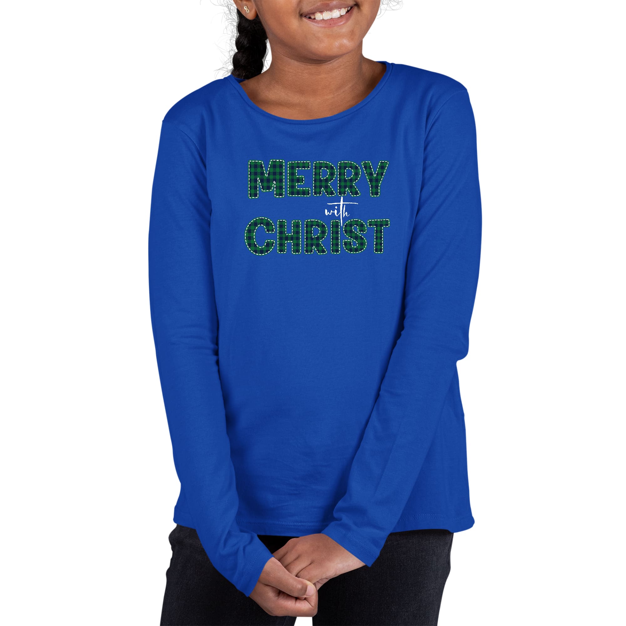 Youth Long Sleeve Graphic T-shirt, Merry with Christ, Green Plaid-3