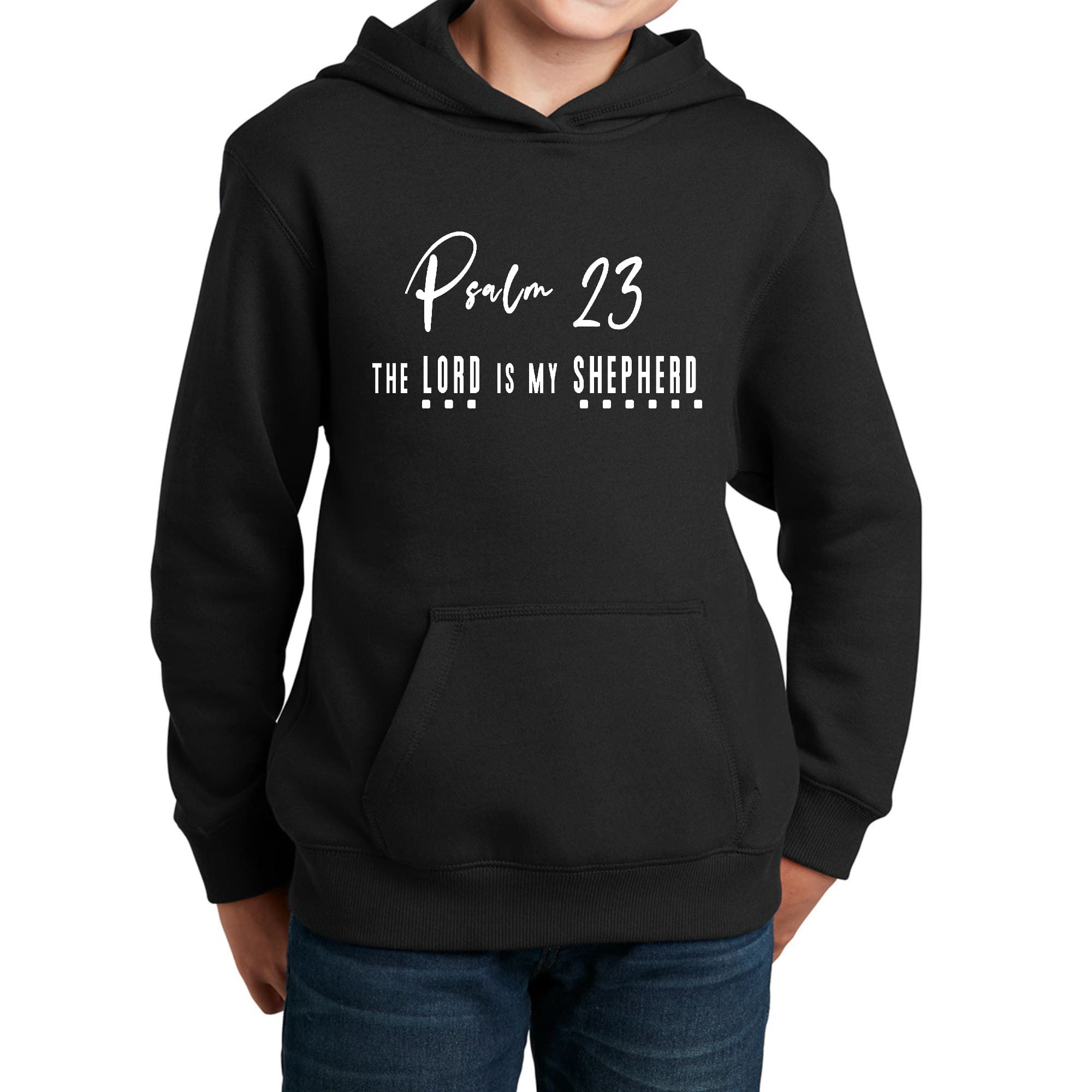 Youth Long Sleeve Hoodie Psalm 23 The Lord Is My Shepherd White Print-0