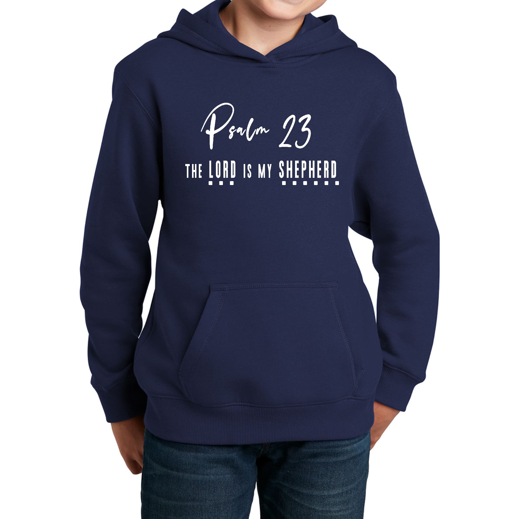 Youth Long Sleeve Hoodie Psalm 23 The Lord Is My Shepherd White Print-1