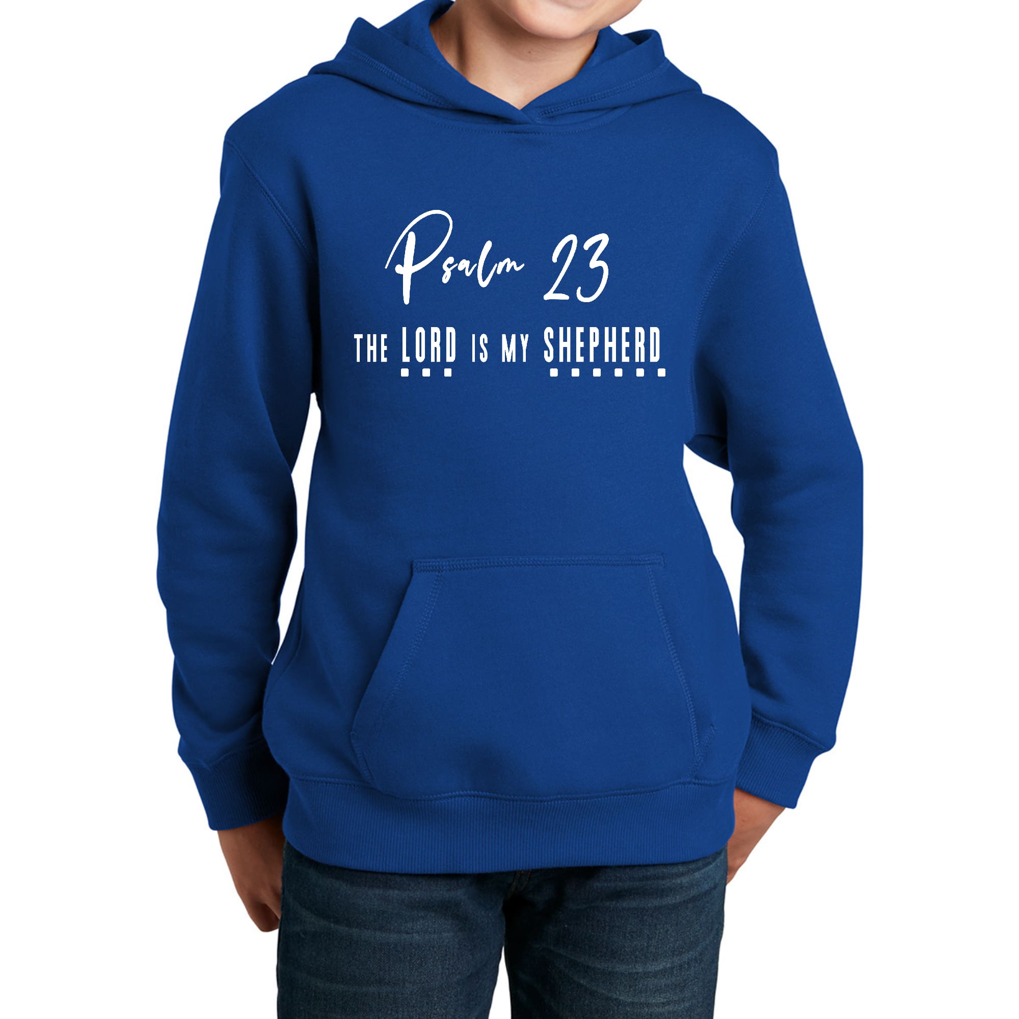 Youth Long Sleeve Hoodie Psalm 23 The Lord Is My Shepherd White Print-3