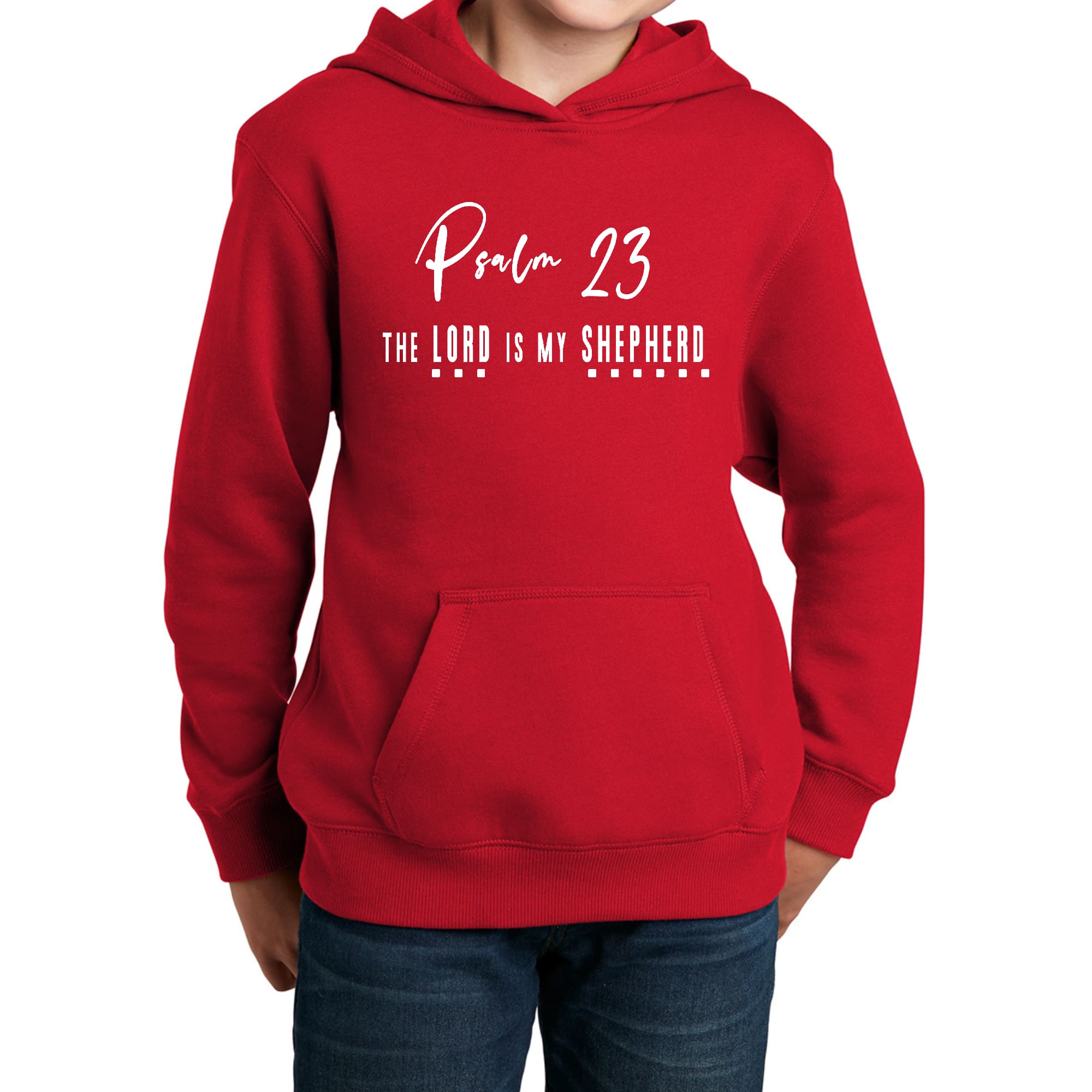 Youth Long Sleeve Hoodie Psalm 23 The Lord Is My Shepherd White Print-2