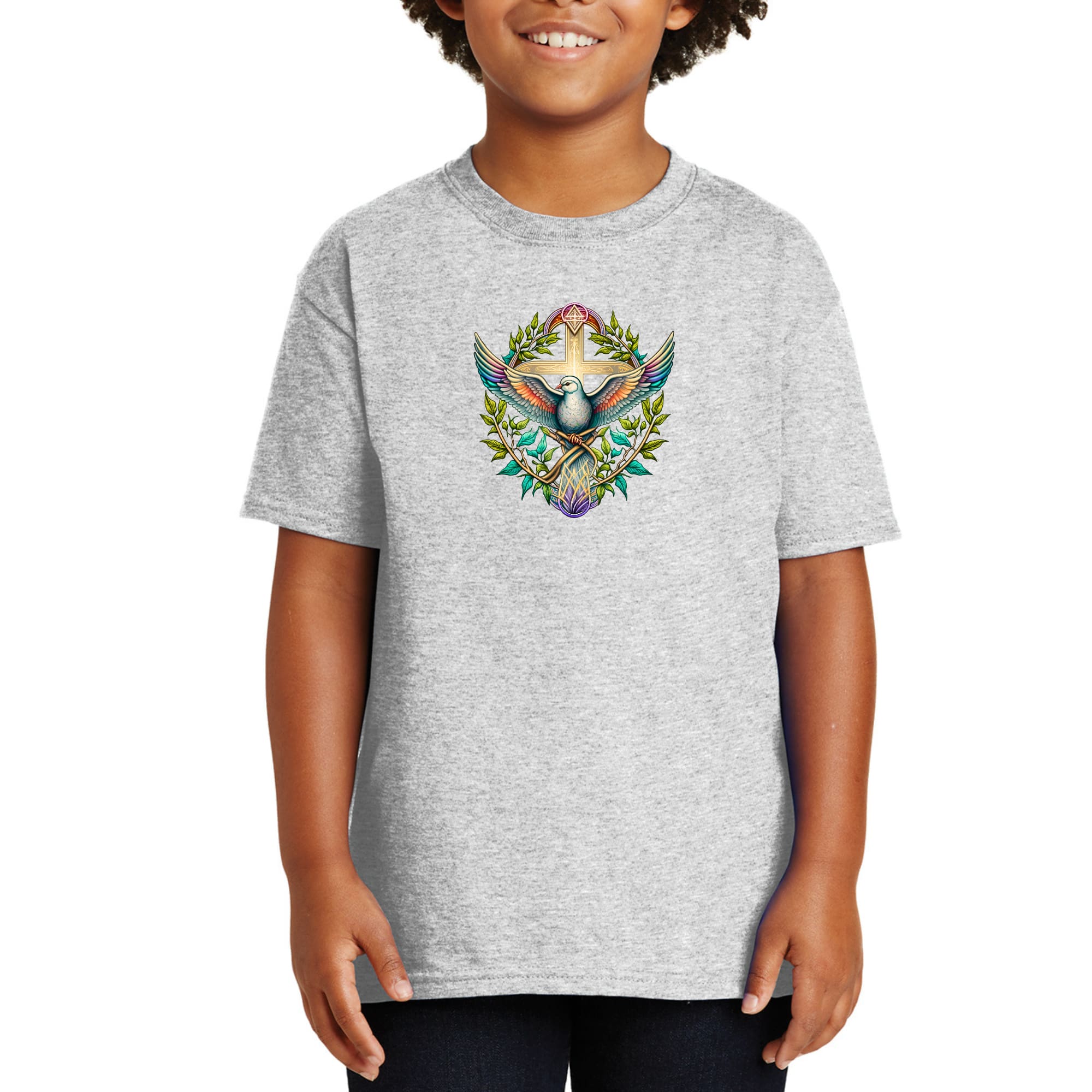 Youth Short Sleeve Graphic T-shirt, Blue Green Multicolor Dove Floral-5