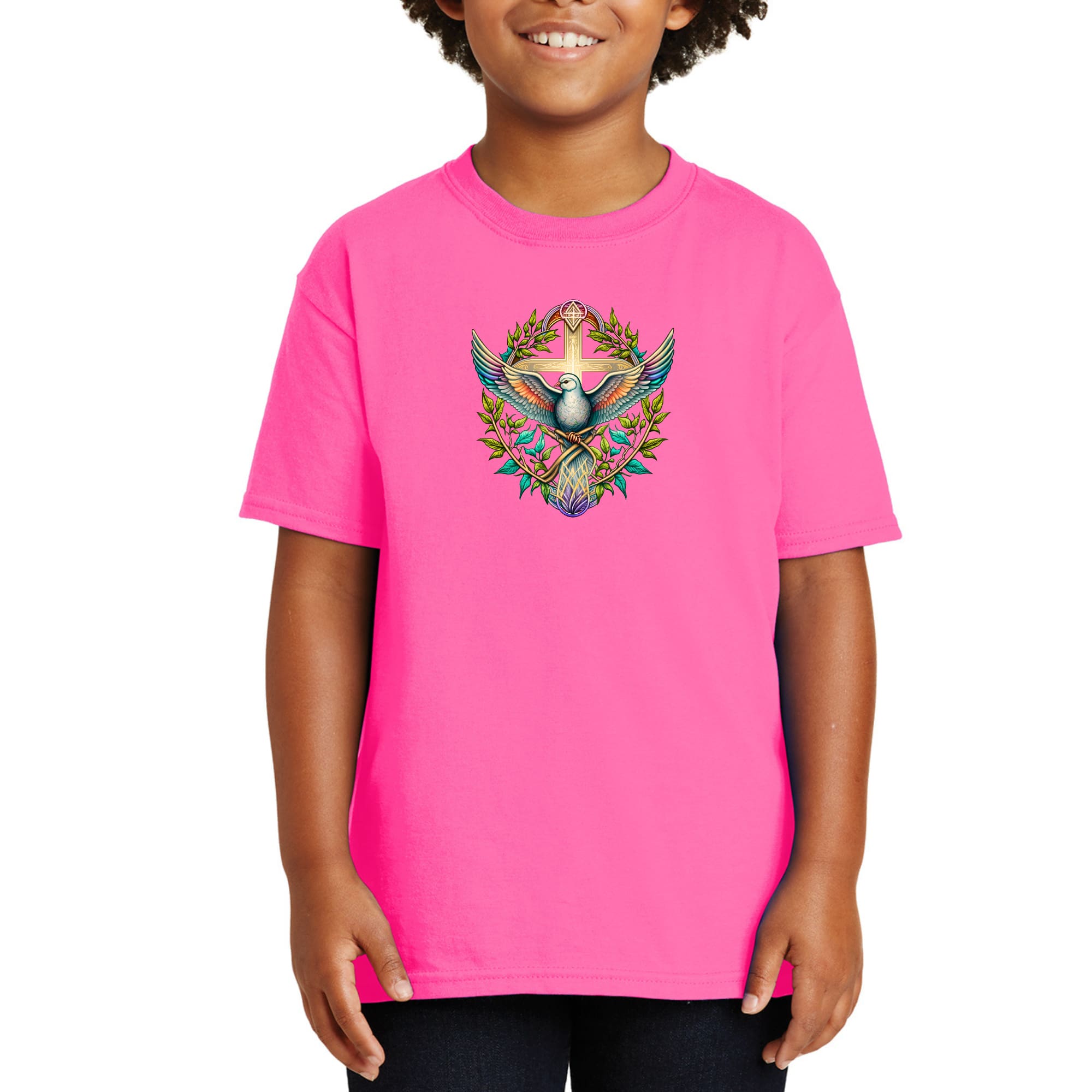 Youth Short Sleeve Graphic T-shirt, Blue Green Multicolor Dove Floral-6