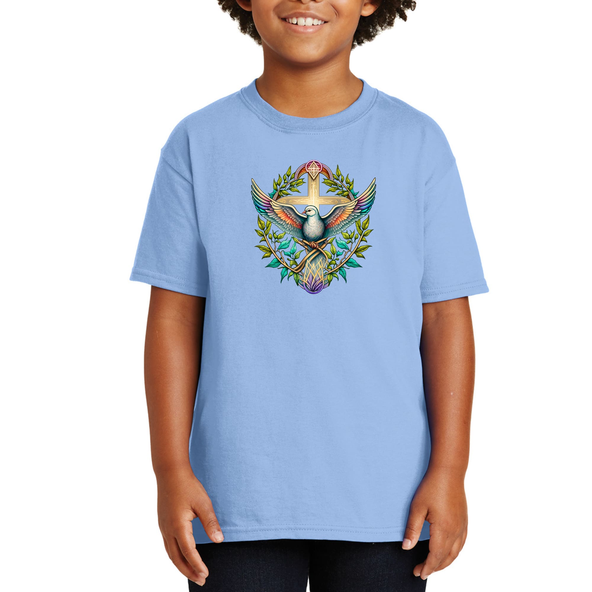 Youth Short Sleeve Graphic T-shirt, Blue Green Multicolor Dove Floral-7