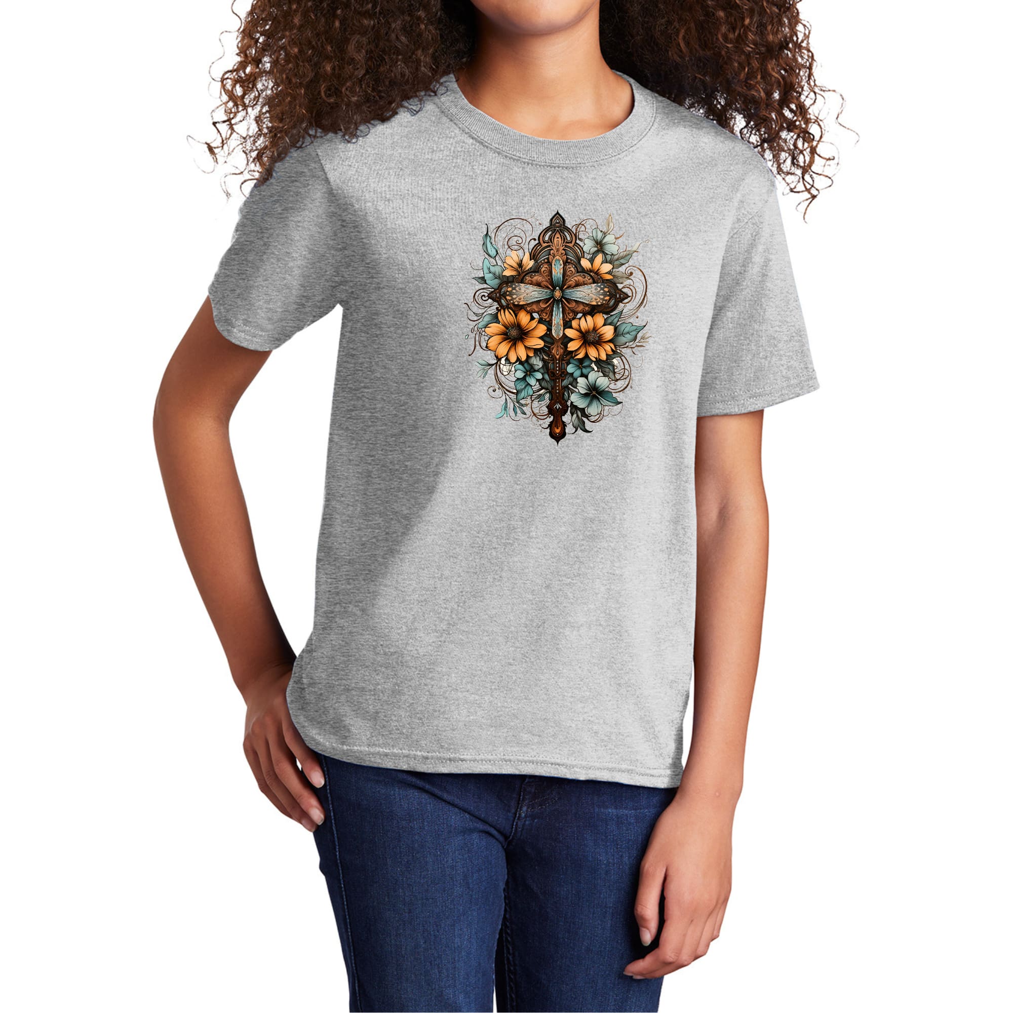 Youth Short Sleeve Graphic T-shirt Christian Cross Floral Bouquet-6