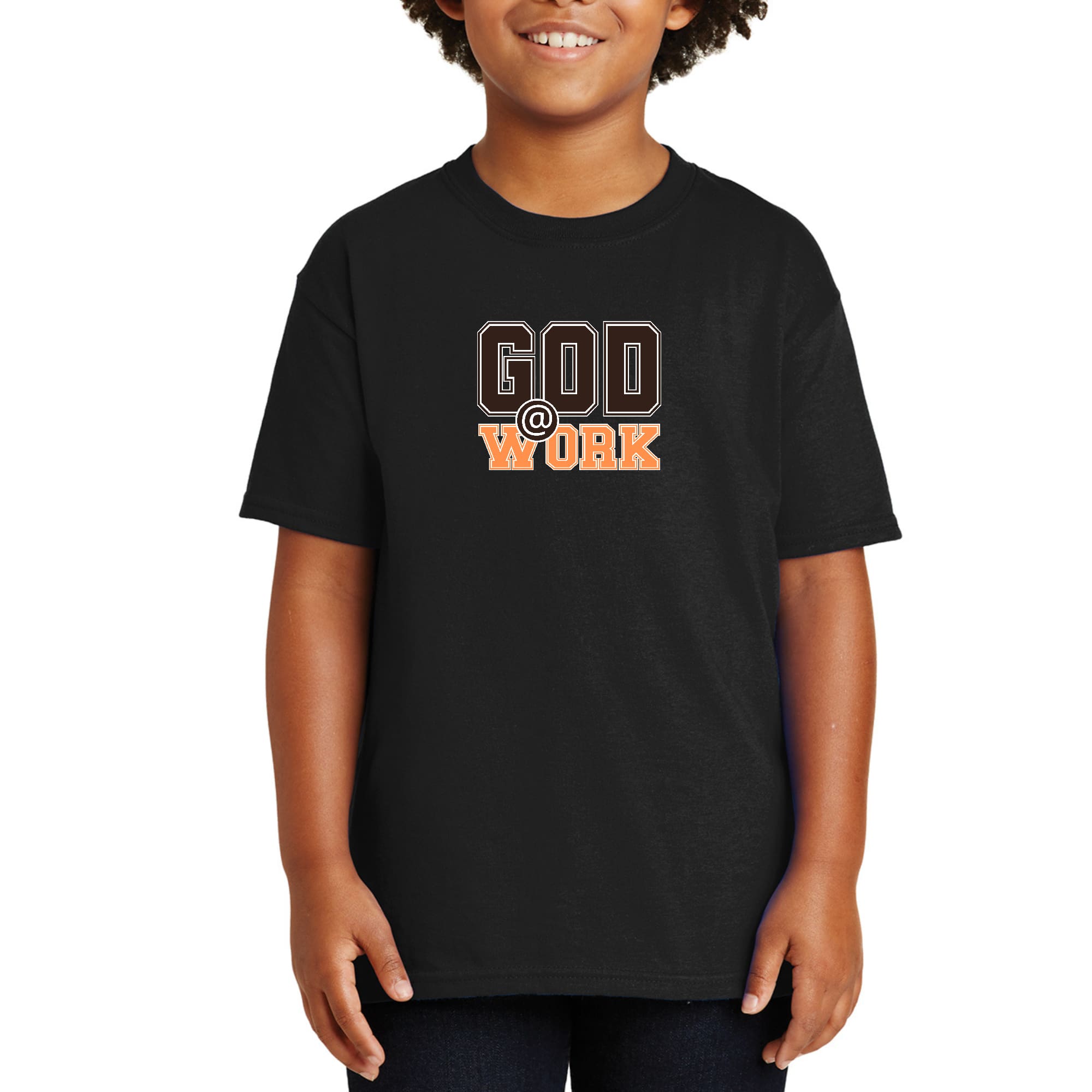 Youth Short Sleeve Graphic T-shirt, God @ Work Brown and Orange Print-0