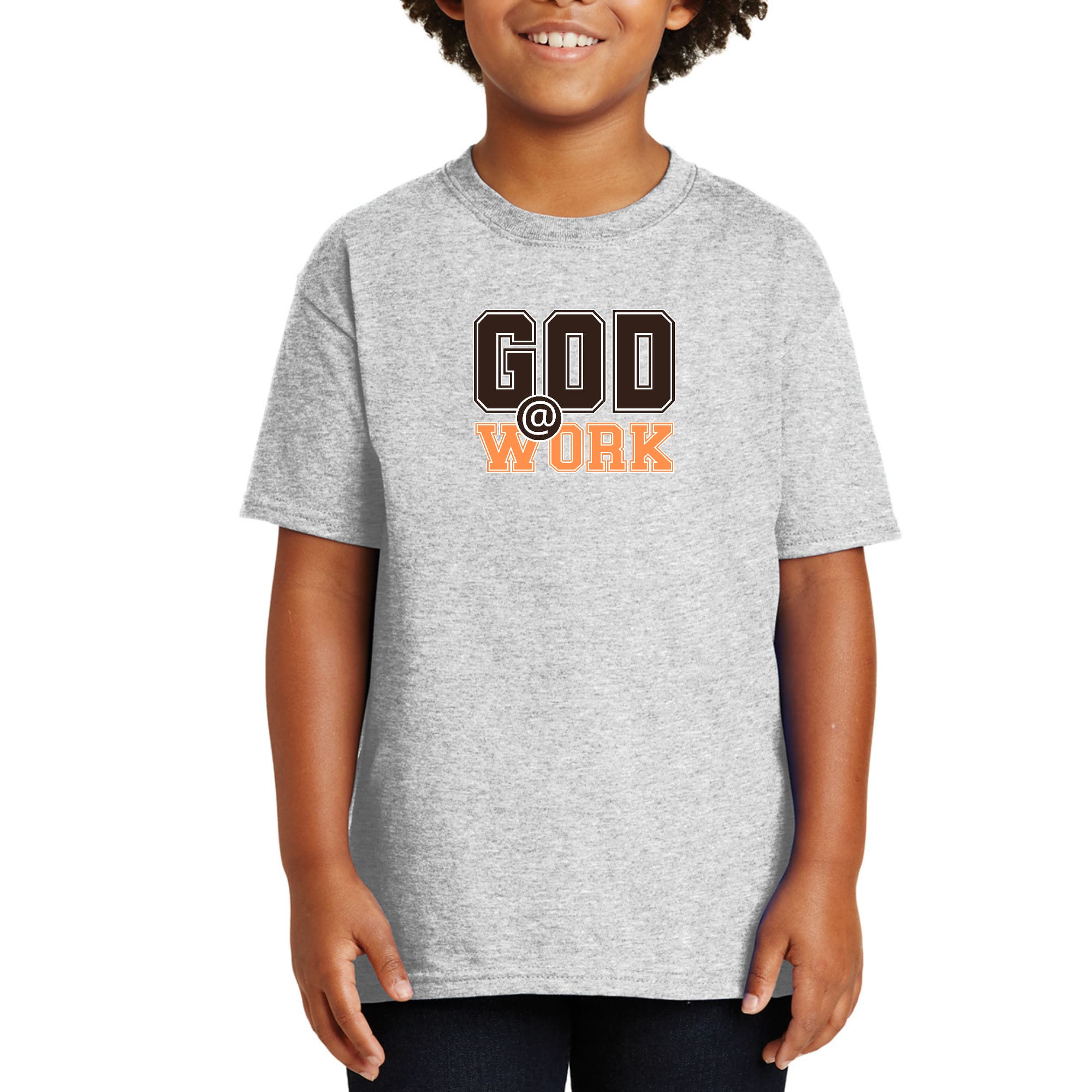 Youth Short Sleeve Graphic T-shirt, God @ Work Brown and Orange Print-5