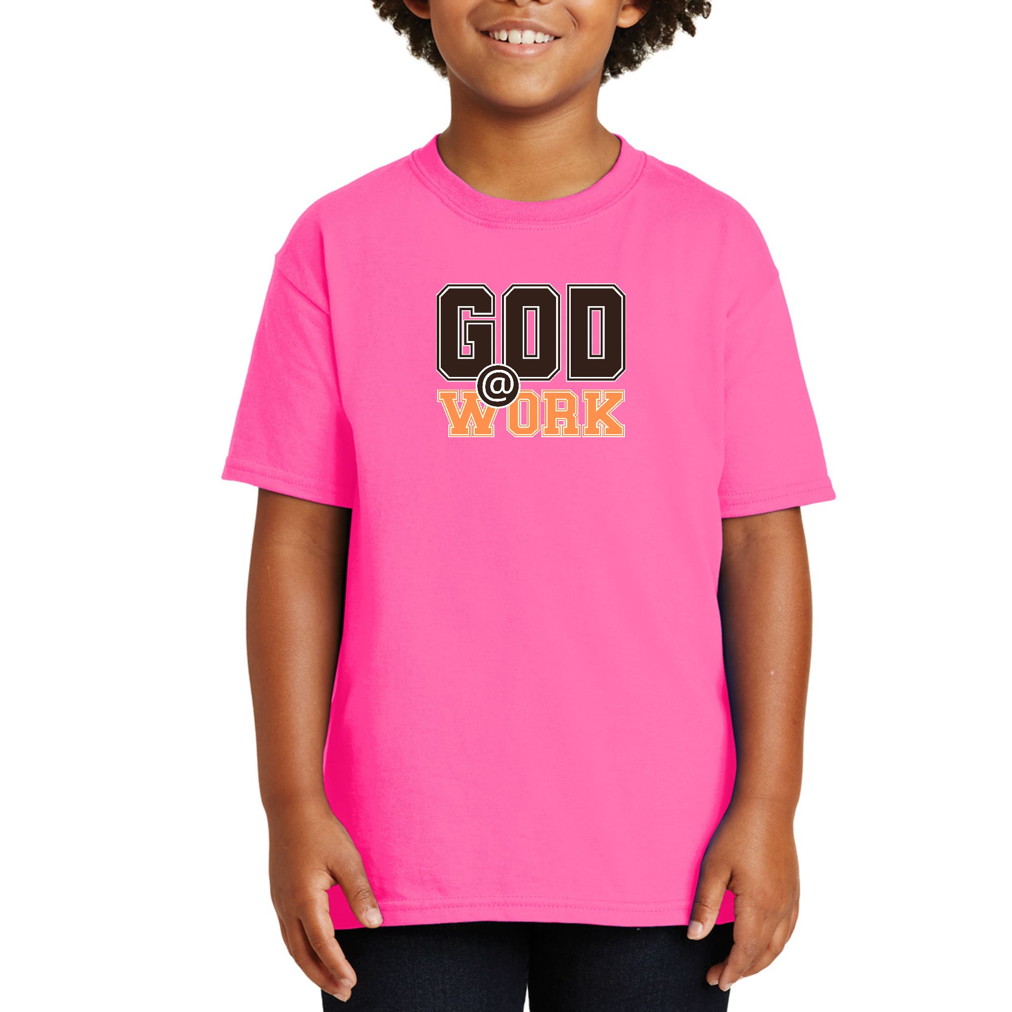 Youth Short Sleeve Graphic T-shirt, God @ Work Brown and Orange Print-6