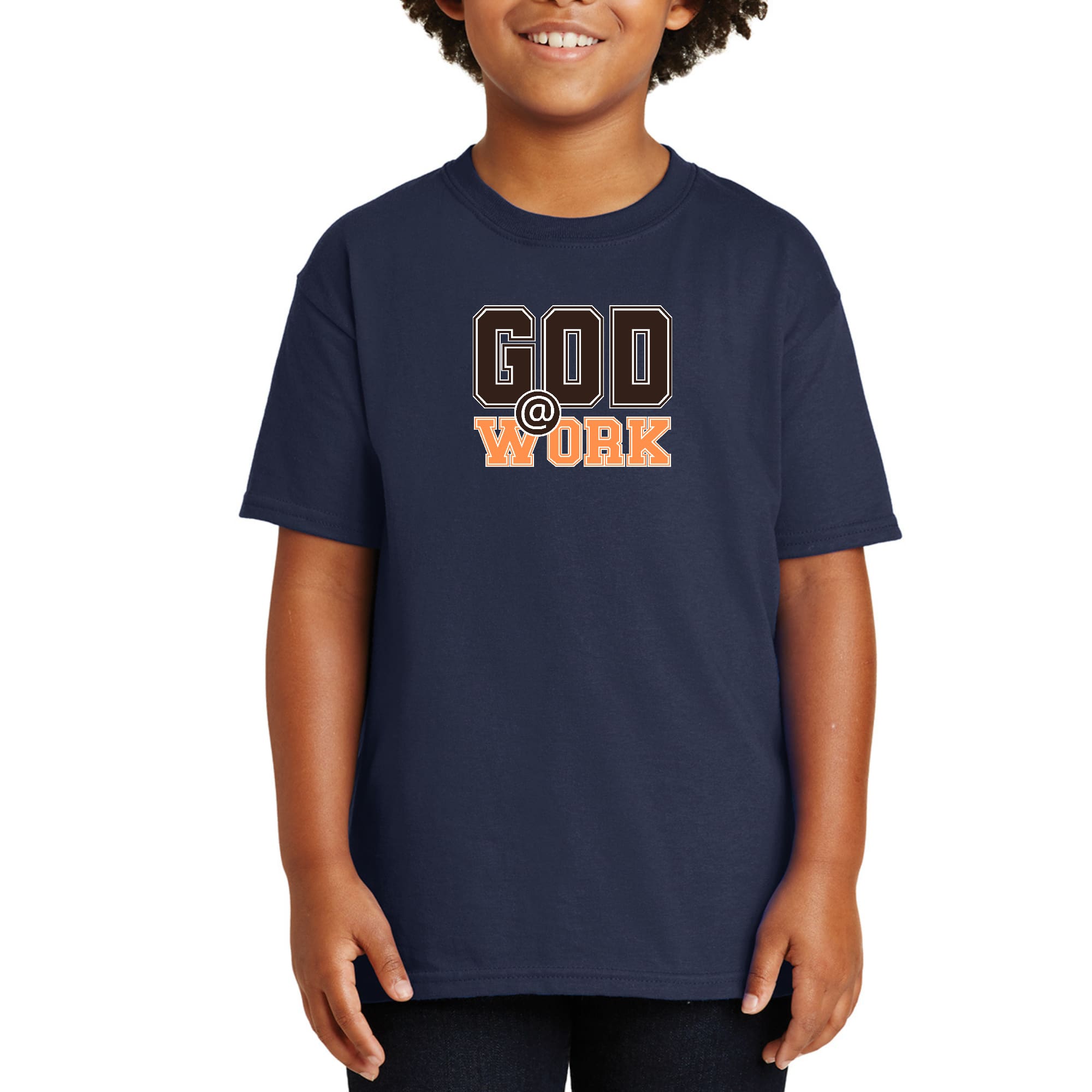 Youth Short Sleeve Graphic T-shirt, God @ Work Brown and Orange Print-2