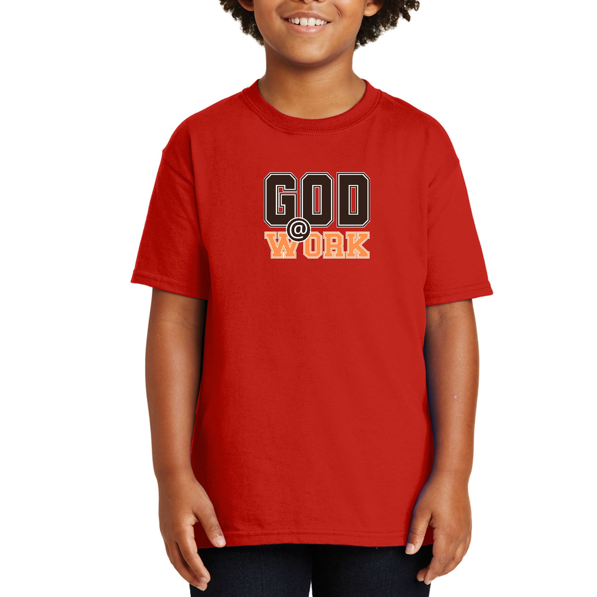 Youth Short Sleeve Graphic T-shirt, God @ Work Brown and Orange Print-1