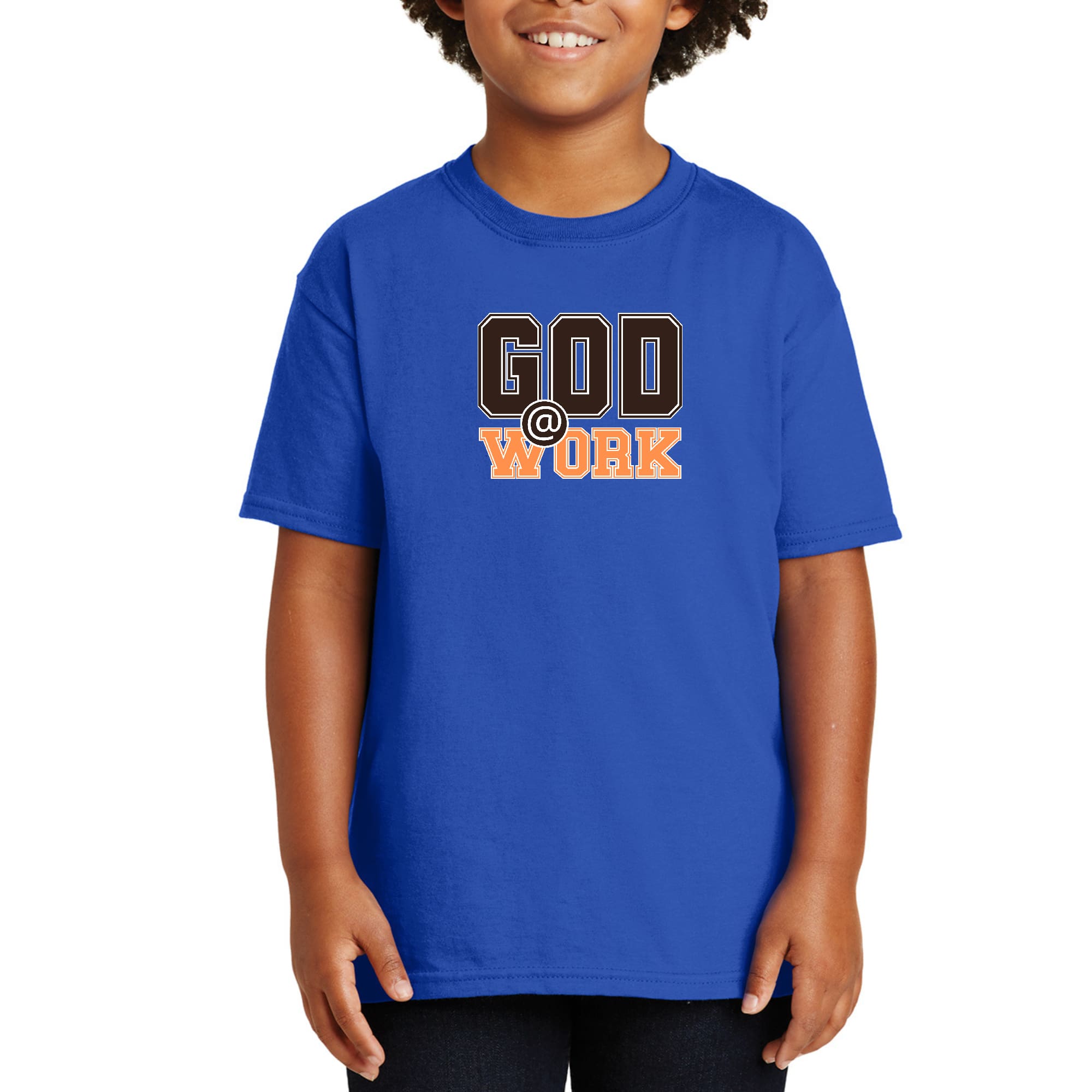 Youth Short Sleeve Graphic T-shirt, God @ Work Brown and Orange Print-3