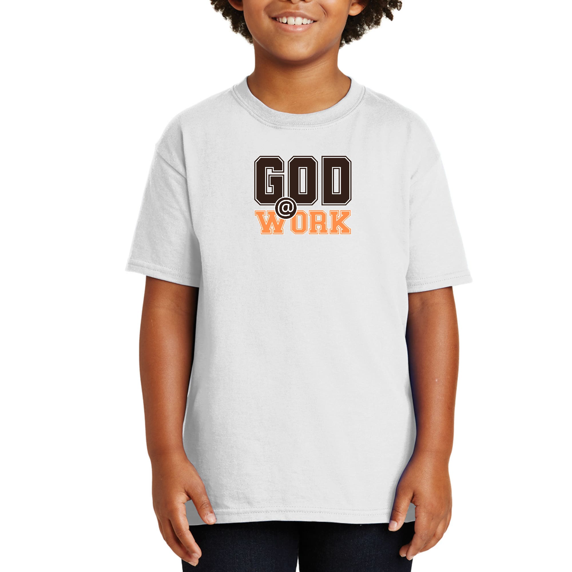 Youth Short Sleeve Graphic T-shirt, God @ Work Brown and Orange Print-4