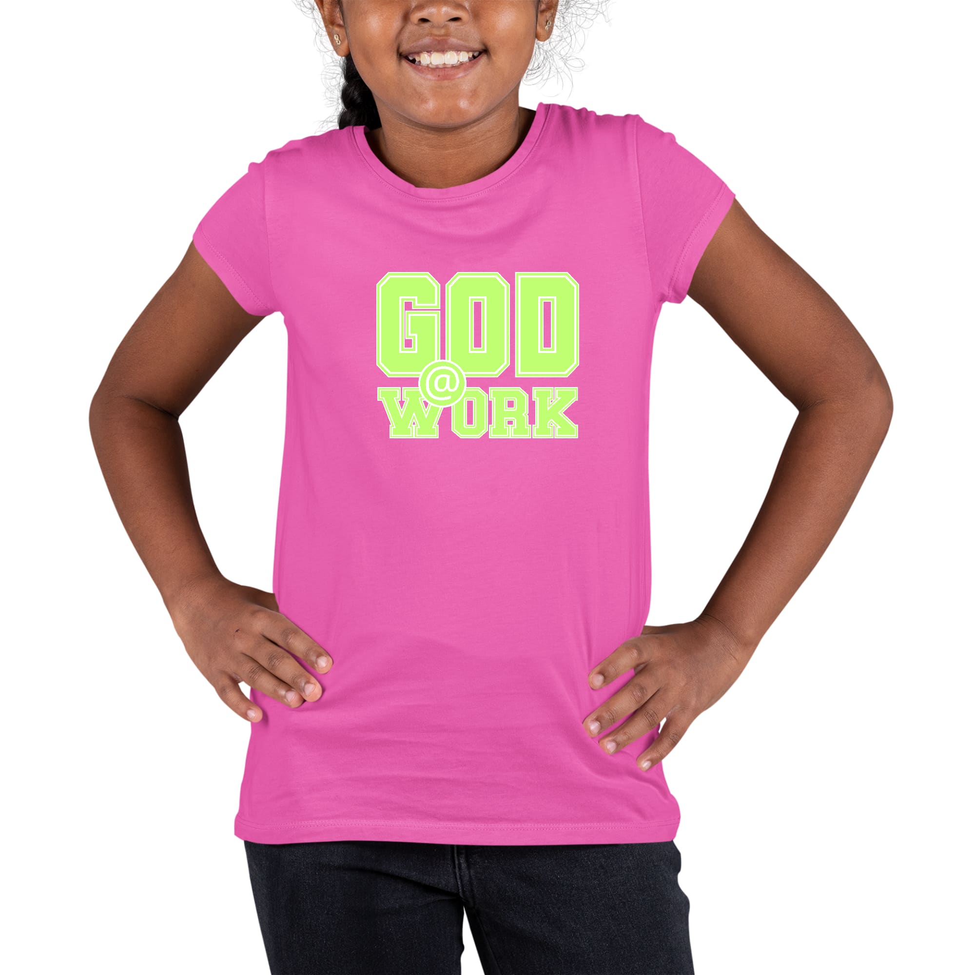 Youth Short Sleeve Graphic T-shirt God @ Work Neon Green and White-4