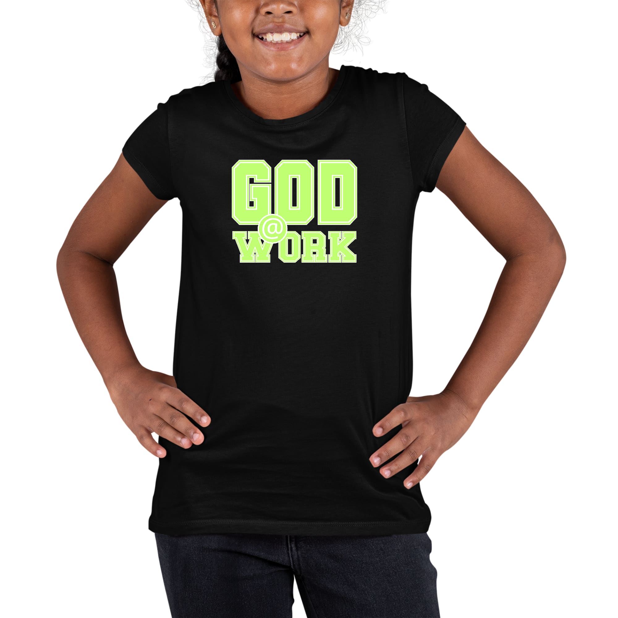 Youth Short Sleeve Graphic T-shirt God @ Work Neon Green and White-0