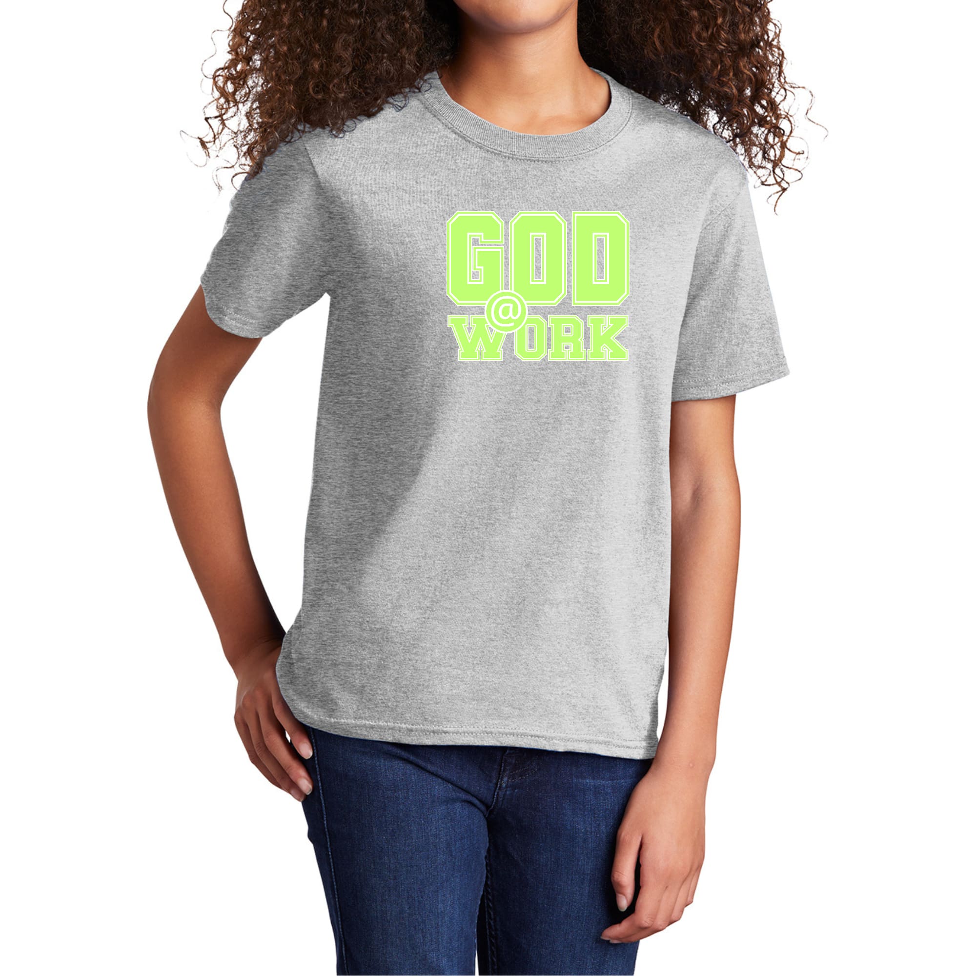 Youth Short Sleeve Graphic T-shirt God @ Work Neon Green and White-6