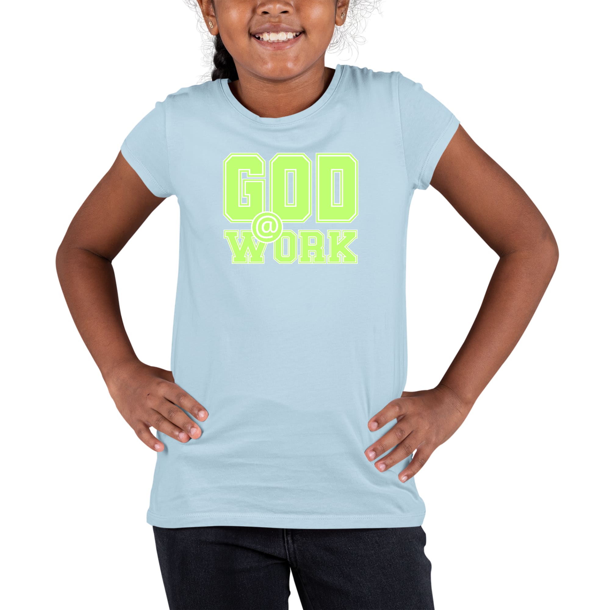 Youth Short Sleeve Graphic T-shirt God @ Work Neon Green and White-5