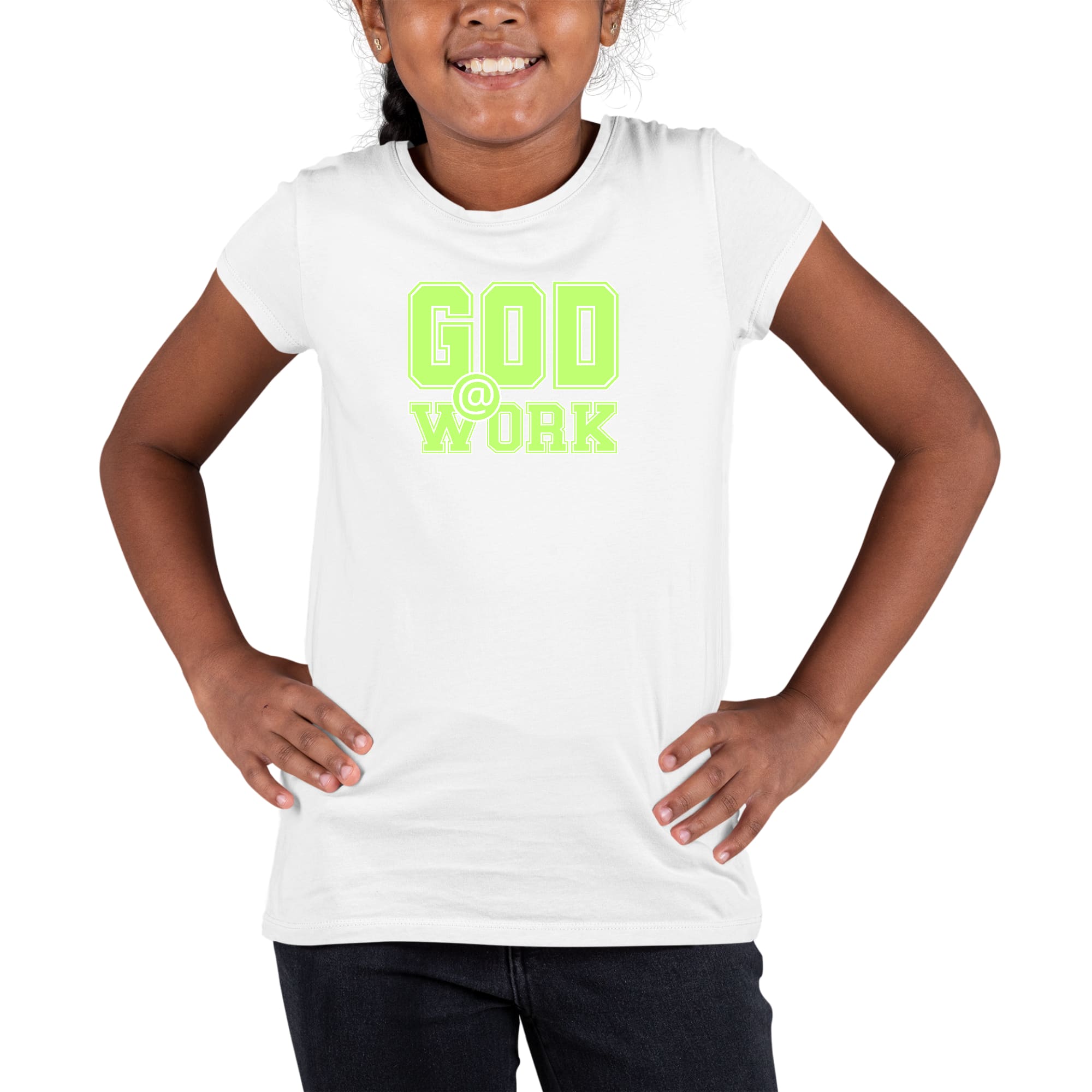 Youth Short Sleeve Graphic T-shirt God @ Work Neon Green and White-7