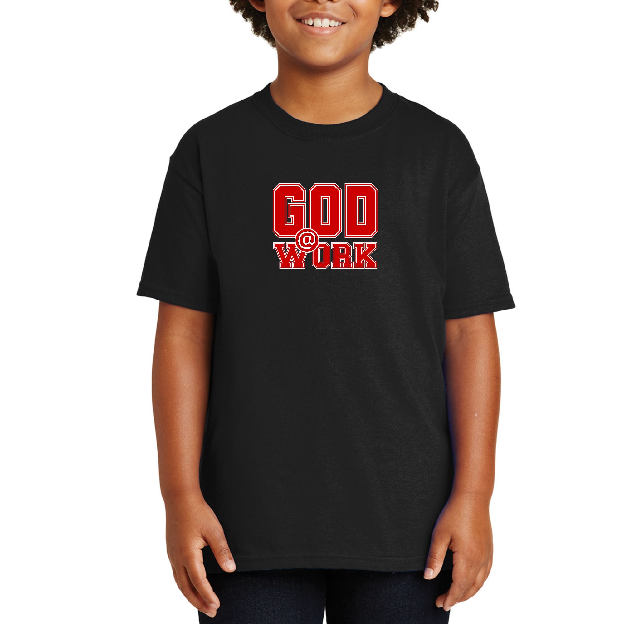 Youth Short Sleeve Graphic T-shirt, God @ Work Red And White Print-0