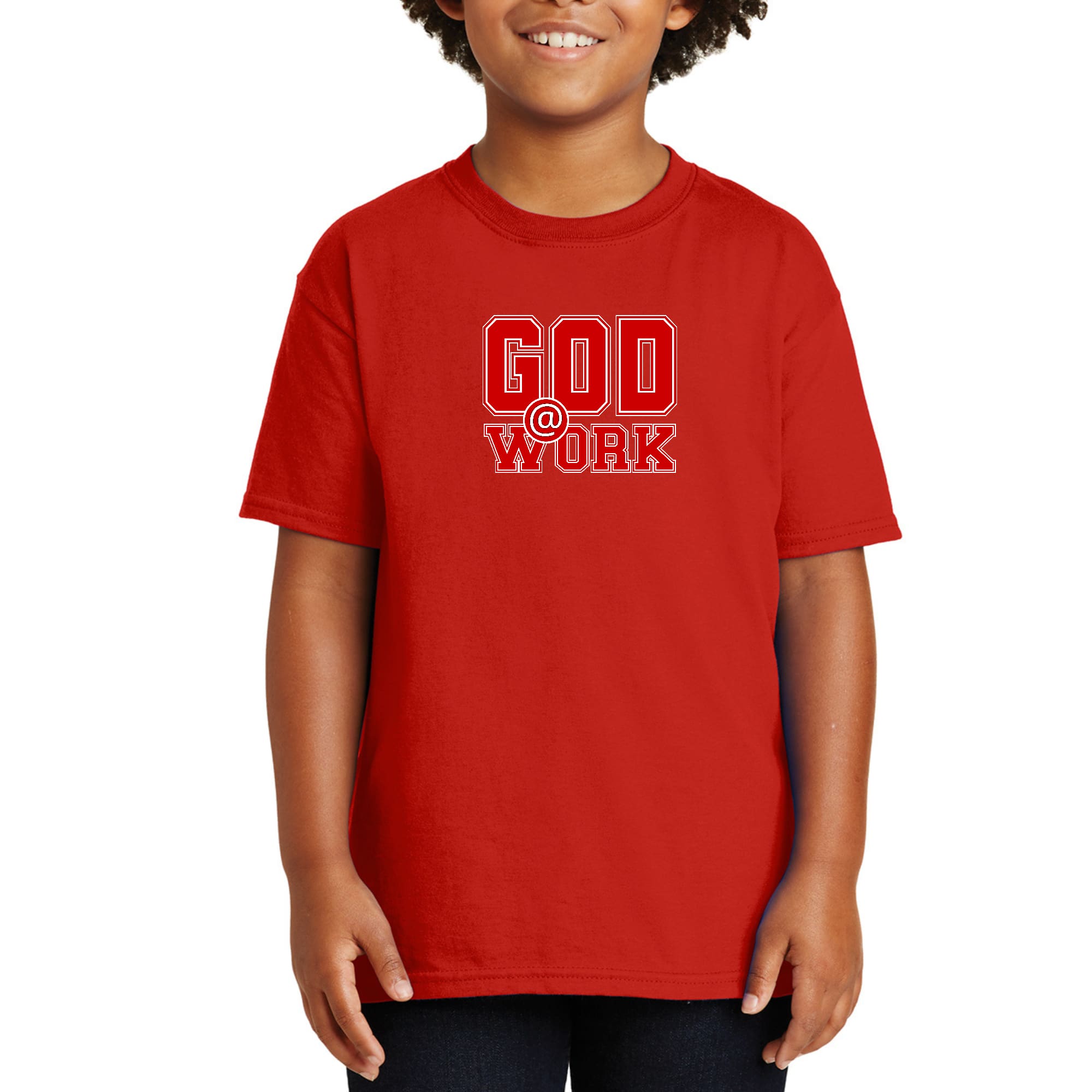 Youth Short Sleeve Graphic T-shirt, God @ Work Red And White Print-1