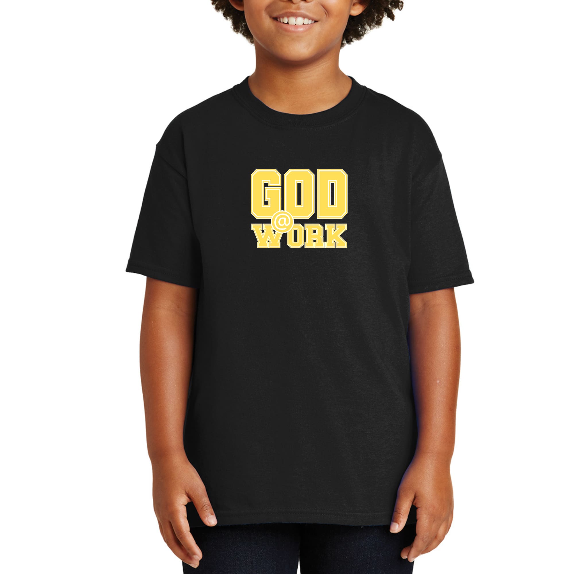 Youth Short Sleeve Graphic T-shirt, God @ Work Yellow And White Print-0