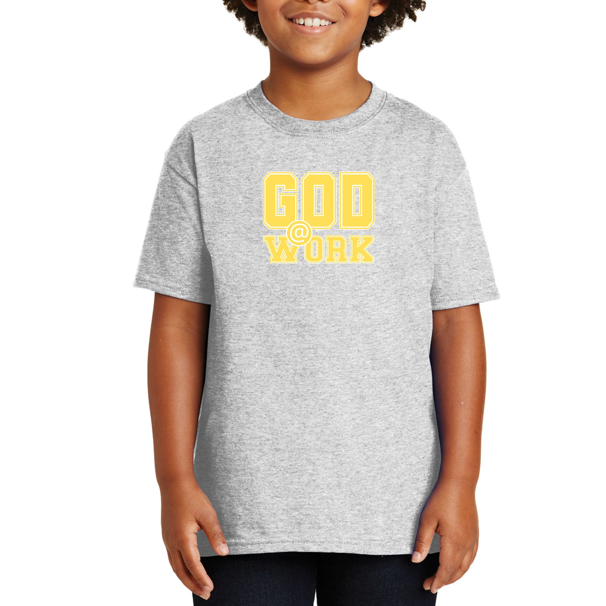 Youth Short Sleeve Graphic T-shirt, God @ Work Yellow And White Print-5