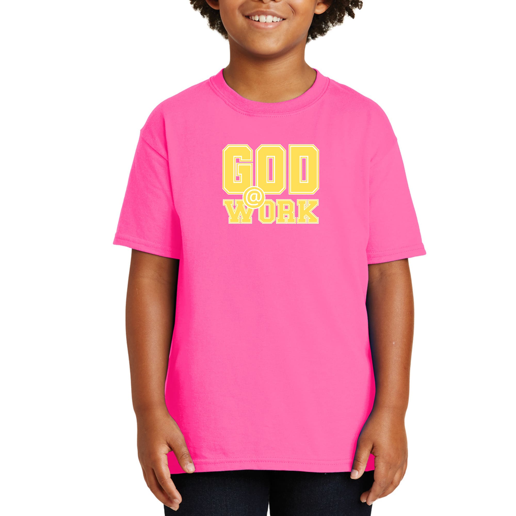 Youth Short Sleeve Graphic T-shirt, God @ Work Yellow And White Print-6