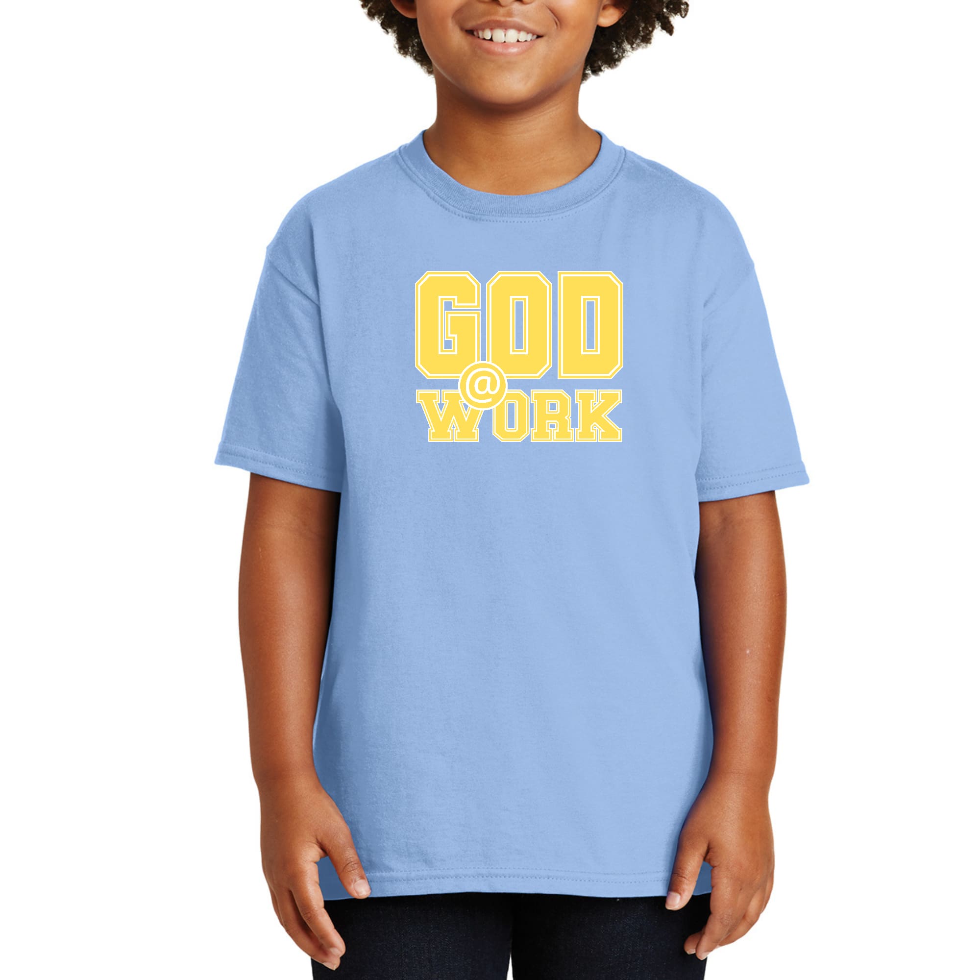 Youth Short Sleeve Graphic T-shirt, God @ Work Yellow And White Print-7