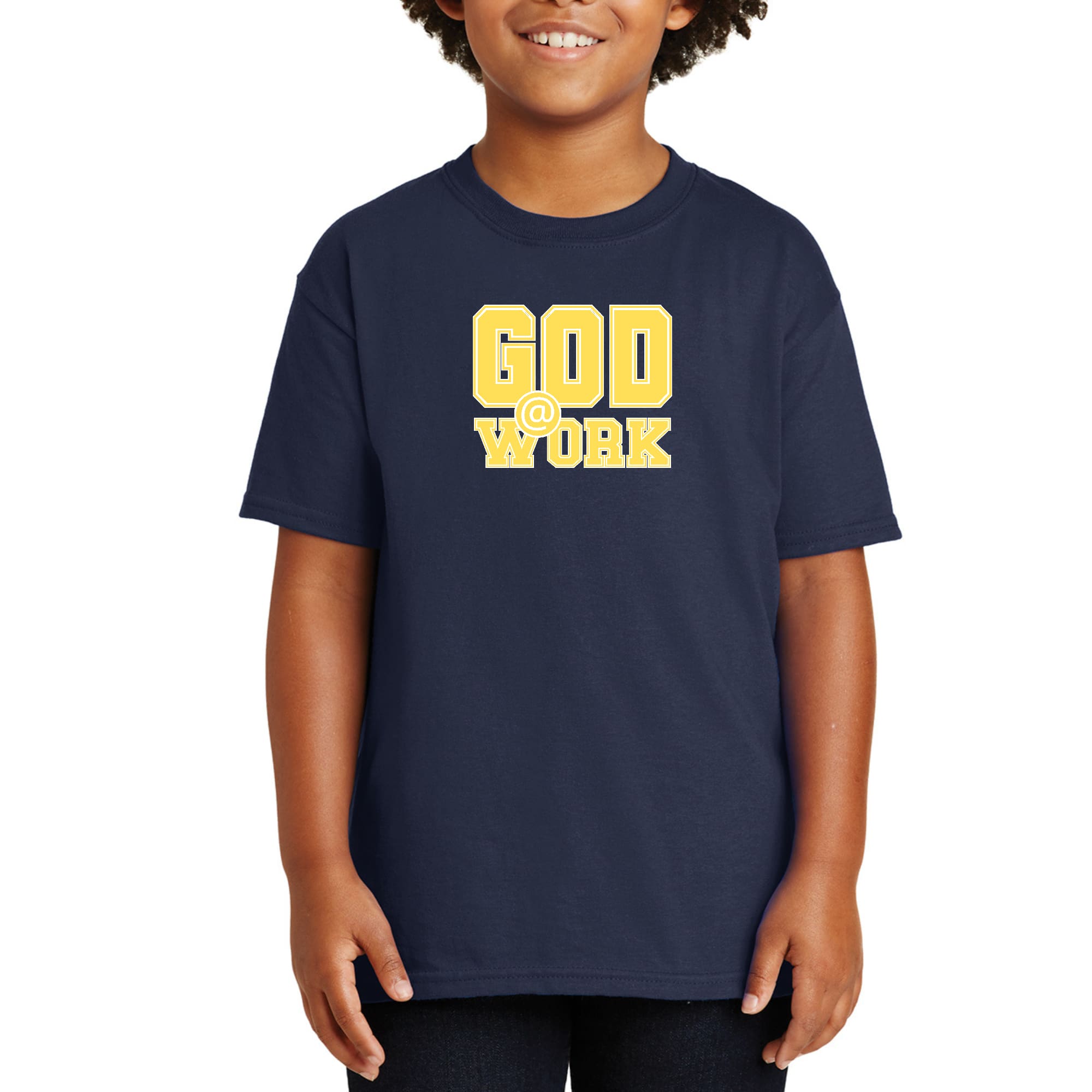 Youth Short Sleeve Graphic T-shirt, God @ Work Yellow And White Print-2