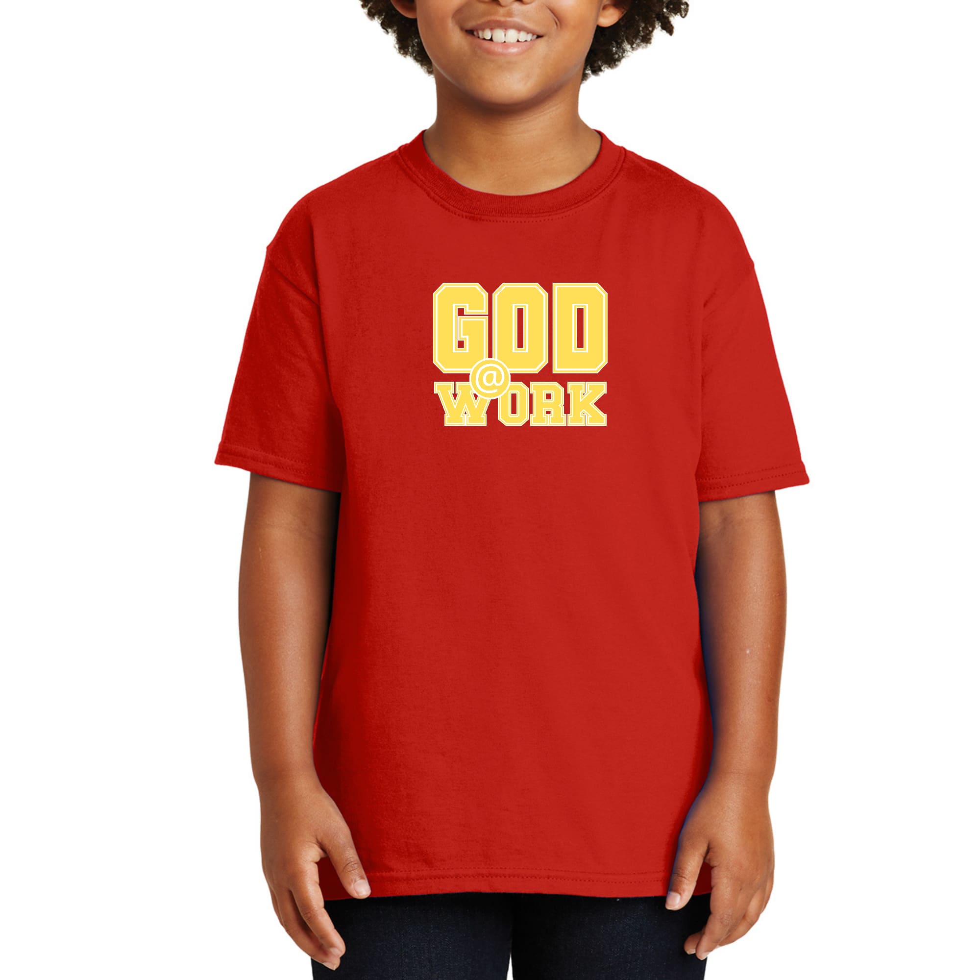 Youth Short Sleeve Graphic T-shirt, God @ Work Yellow And White Print-1