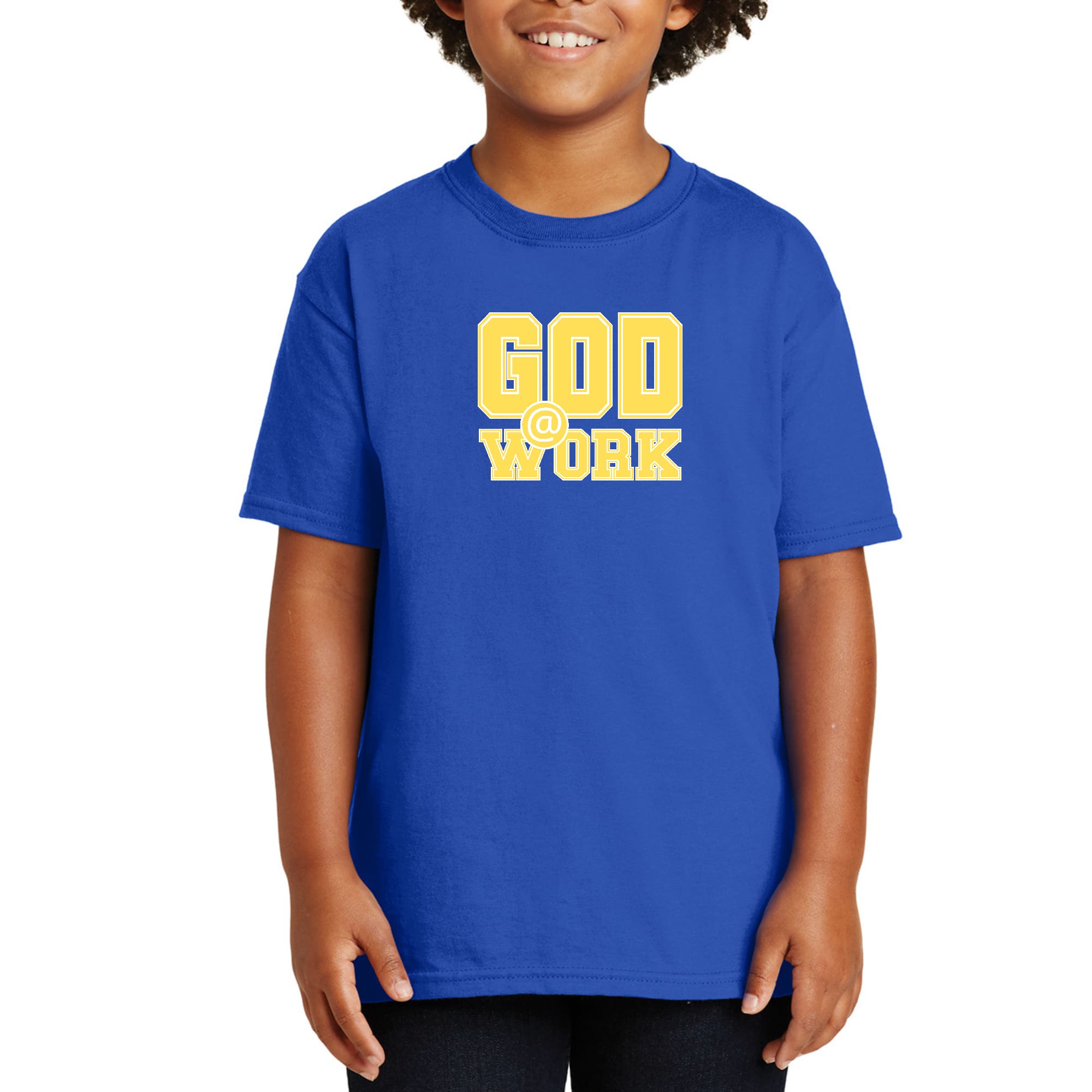 Youth Short Sleeve Graphic T-shirt, God @ Work Yellow And White Print-3