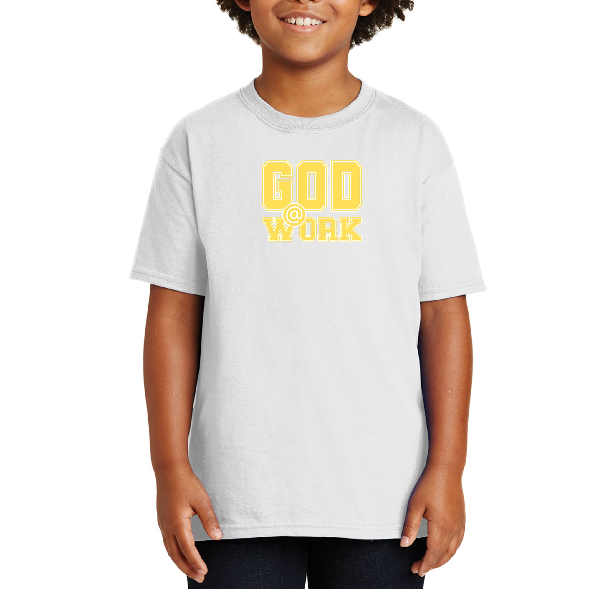 Youth Short Sleeve Graphic T-shirt, God @ Work Yellow And White Print-4