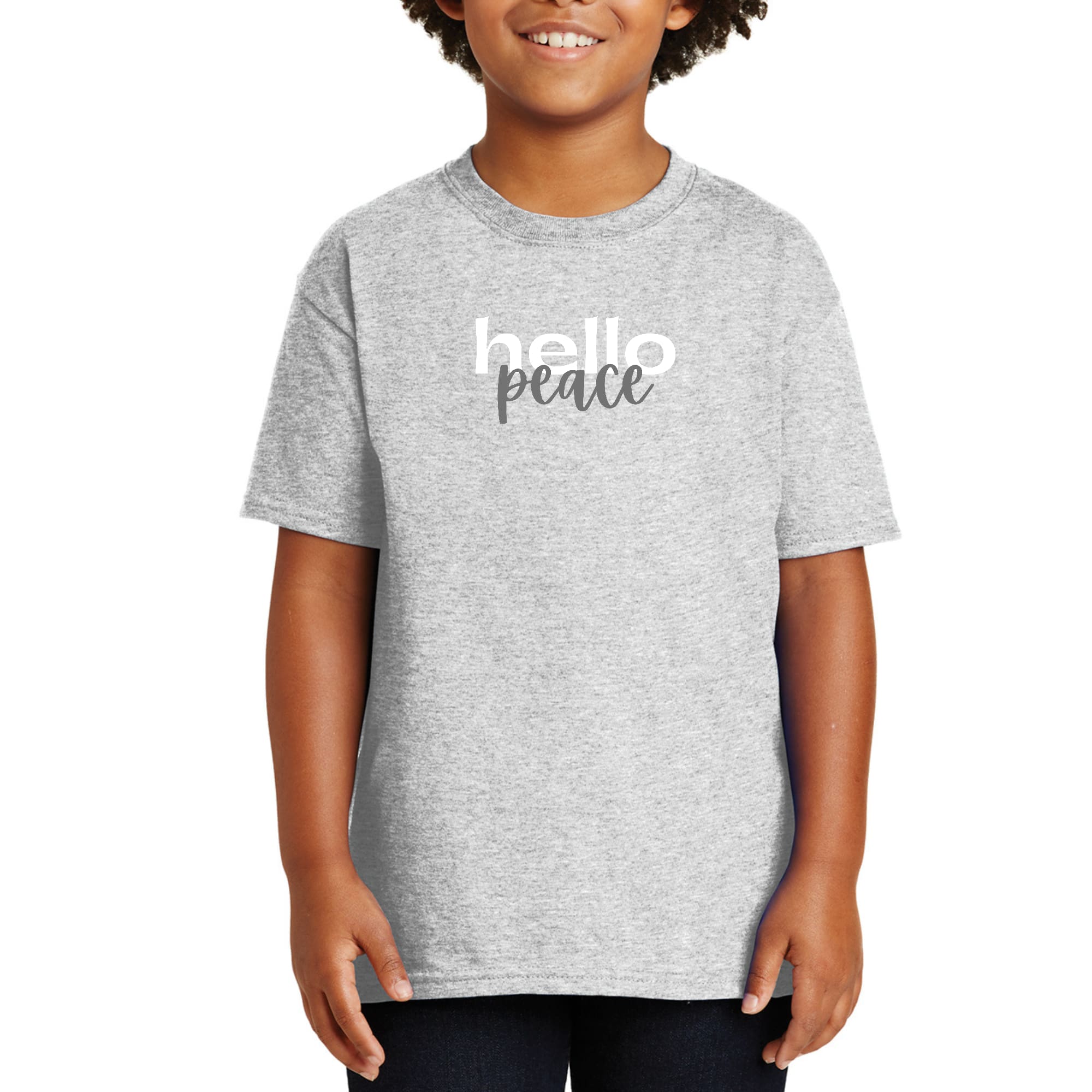 Youth Short Sleeve Graphic T-shirt, Hello Peace White and Gray-5