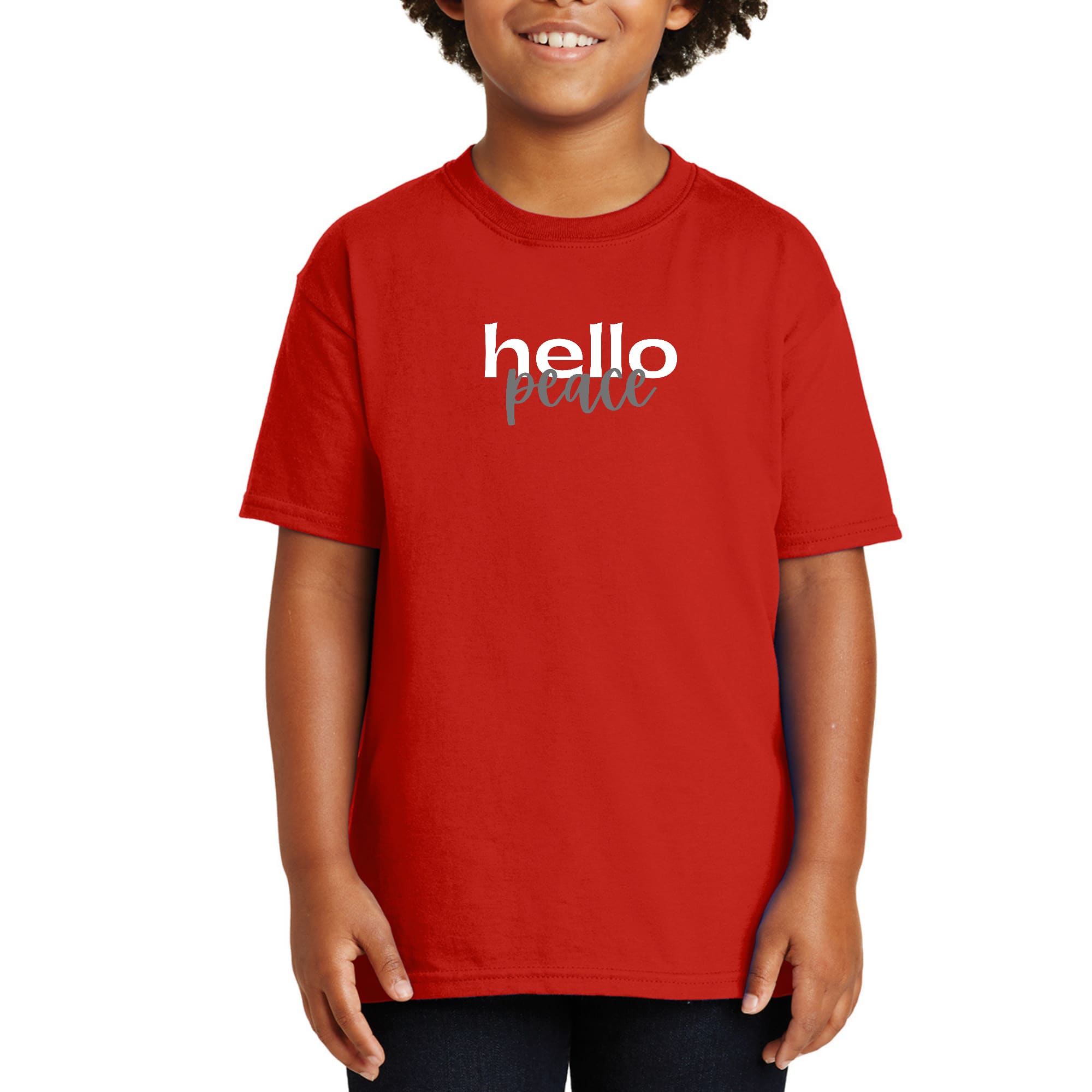 Youth Short Sleeve Graphic T-shirt, Hello Peace White and Gray-1