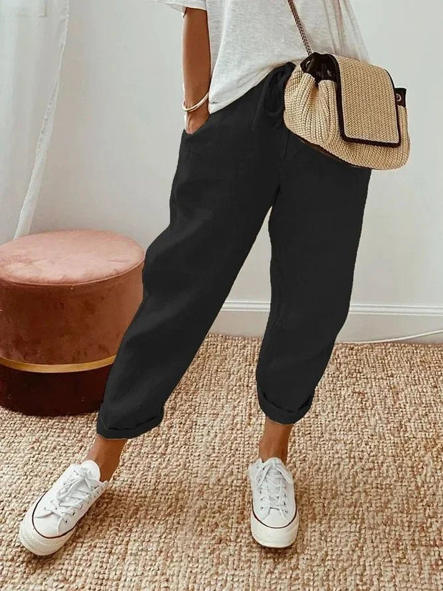 2024 Spring Cotton Linen Women's Pants Black High Wasit Pencil Pants Female Spring Fashion Trendy Loose Casual Ladies Bottoms - Street Rider Apparel