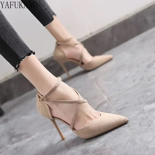 2024 Spring New Women's Shoes European and American Fashion Sexy High Heels Pointed Suede Hollow Work Shoes Simple Single Shoes - Street Rider Apparel