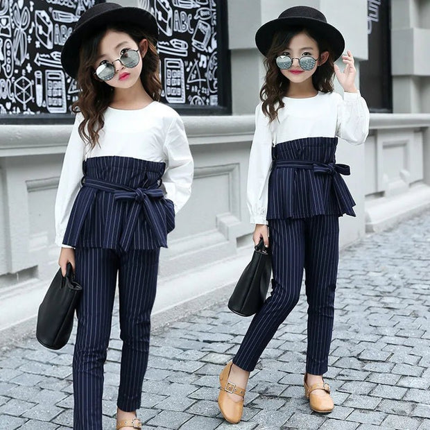 2024 Spring School Kids Set Striped Outfits Top Shirts & Pants Suits Girl Clothing Sets Patchwork Teen Clothes For Girls Autumn - Street Rider Apparel